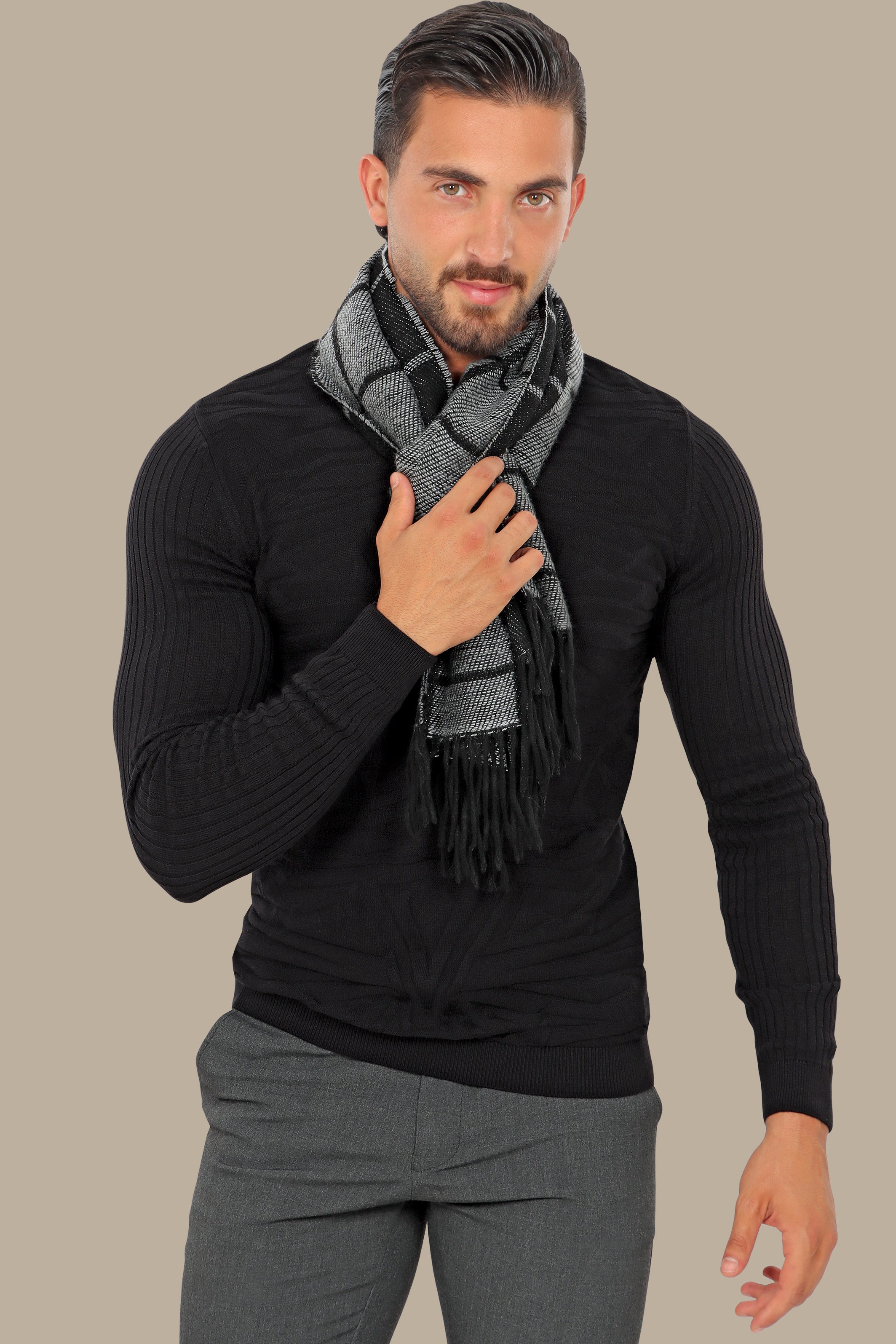 Black Jacquard R-Neck Sweater