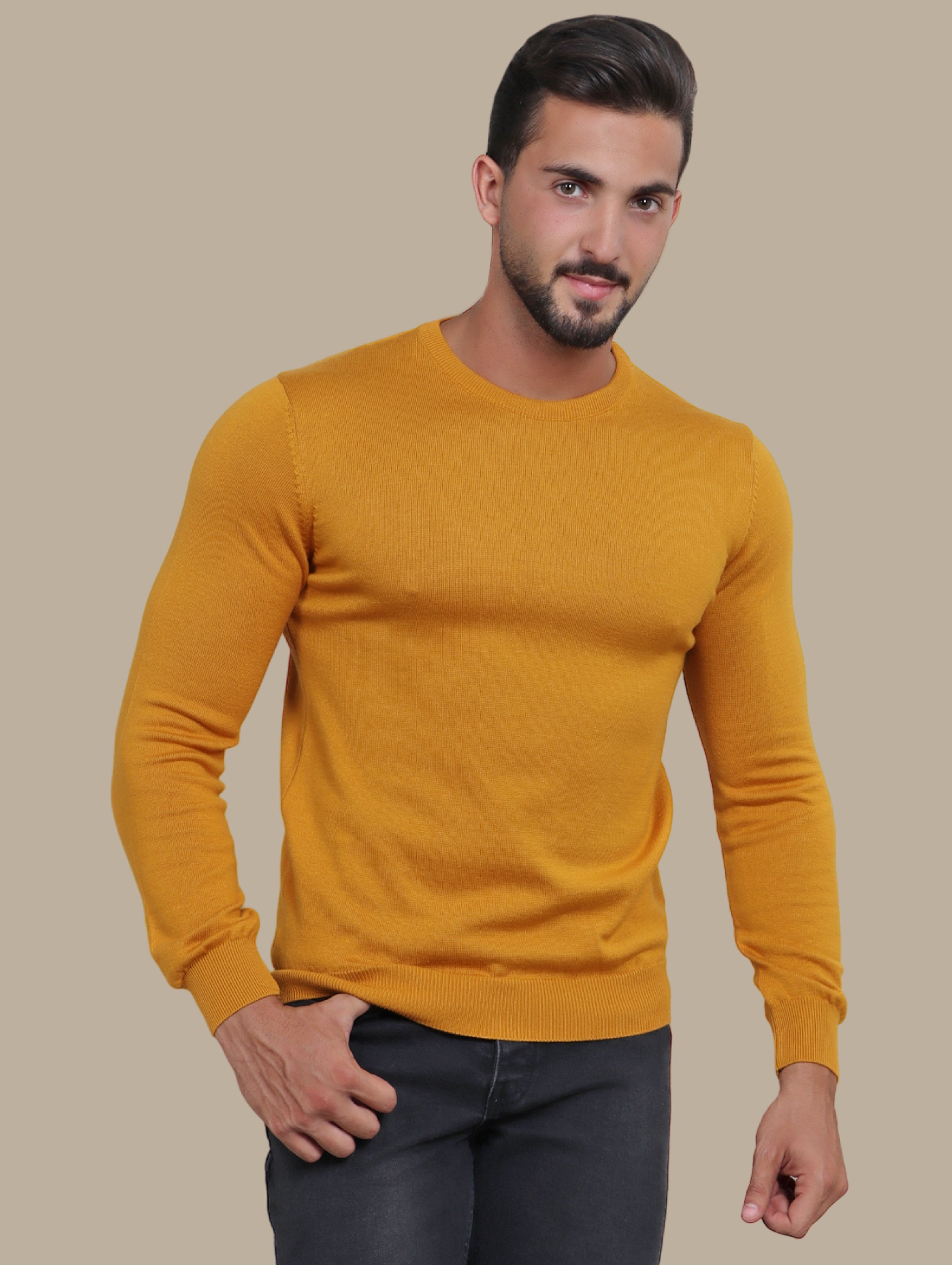 Mustard R-Neck Basic Sweater