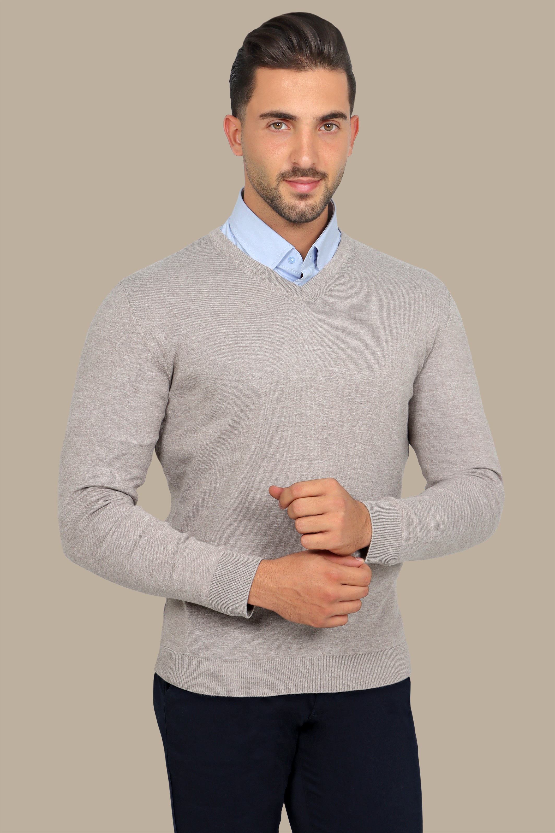 Light Beige Basic V-Neck Sweater