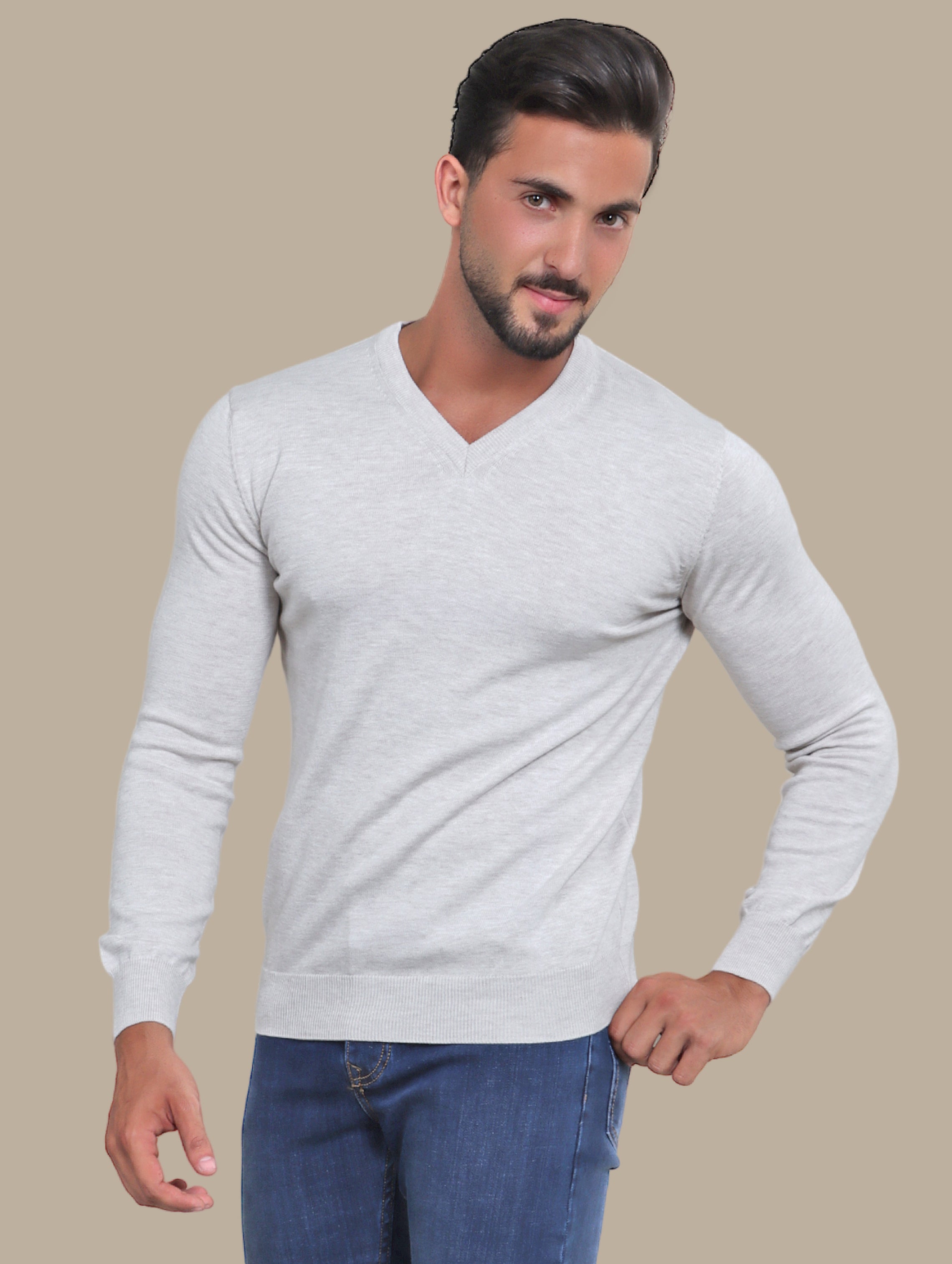 Beige V-Neck Basic Sweater