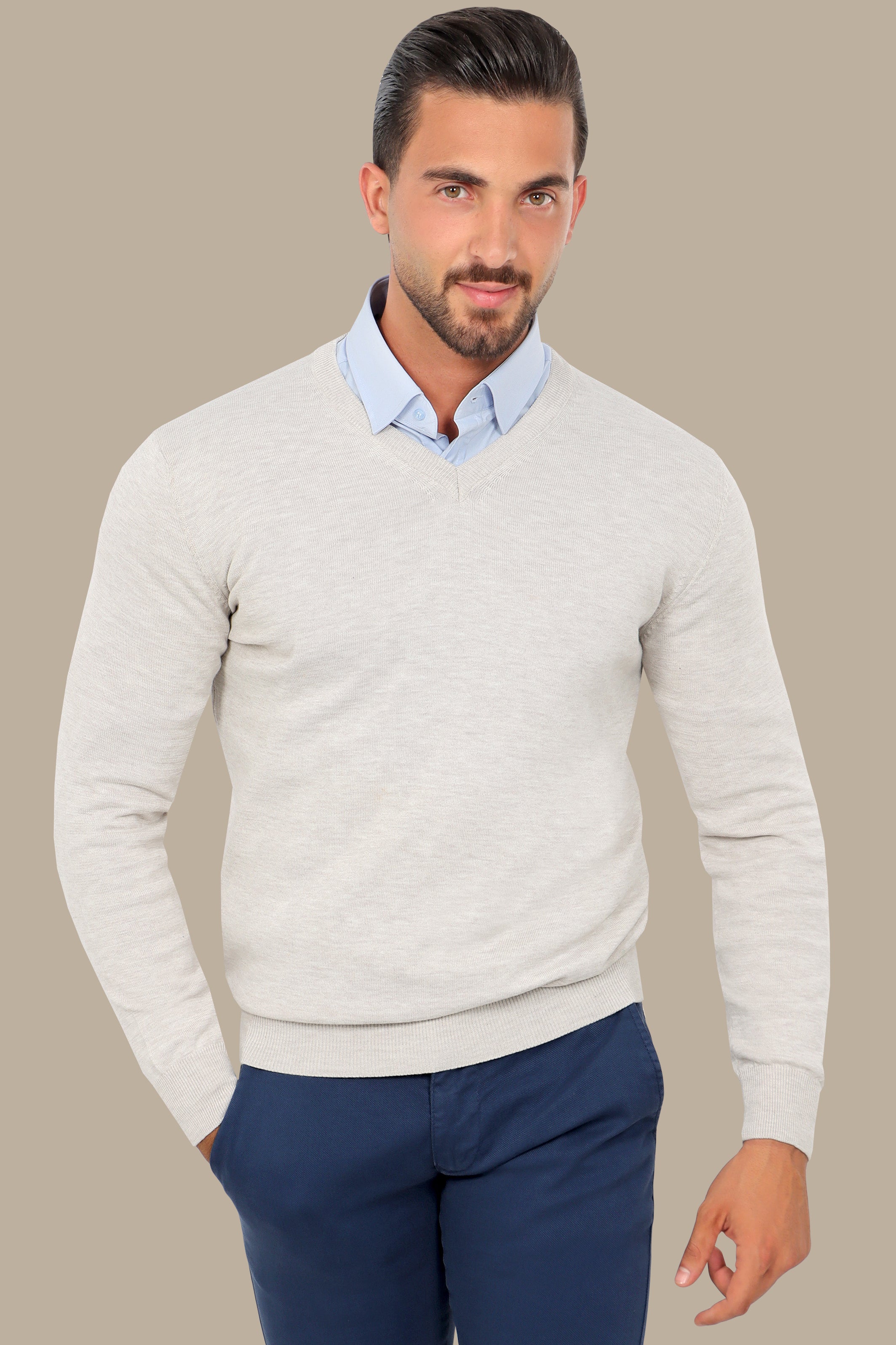 Beige V-Neck Basic Sweater