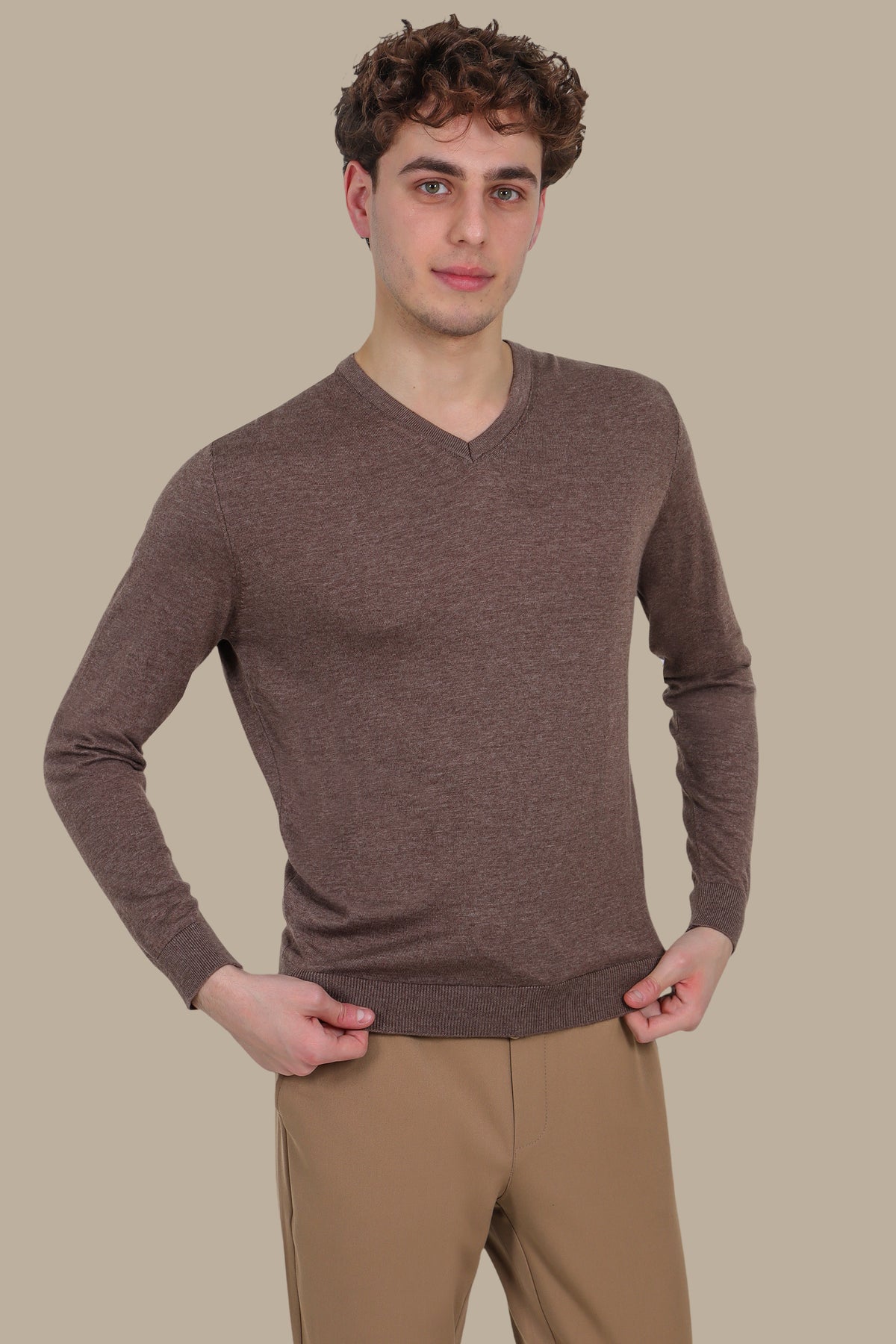 Light Brown V-Neck Sweater