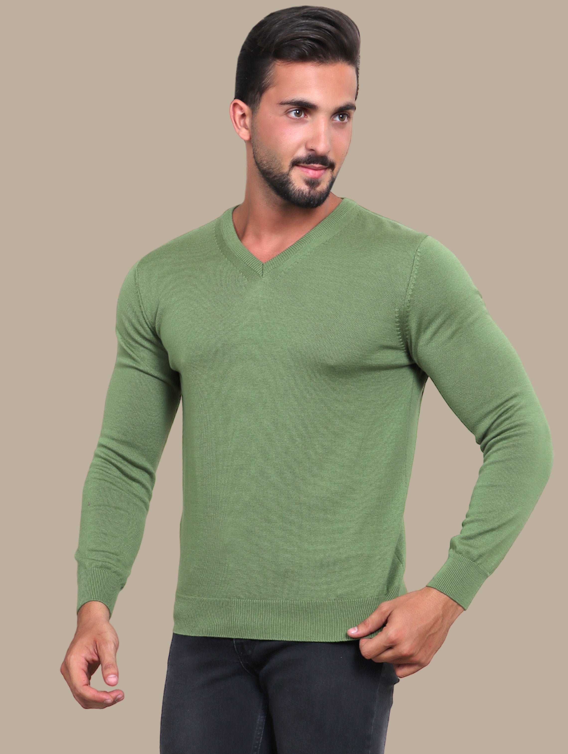 Green V-Neck Basic Sweater