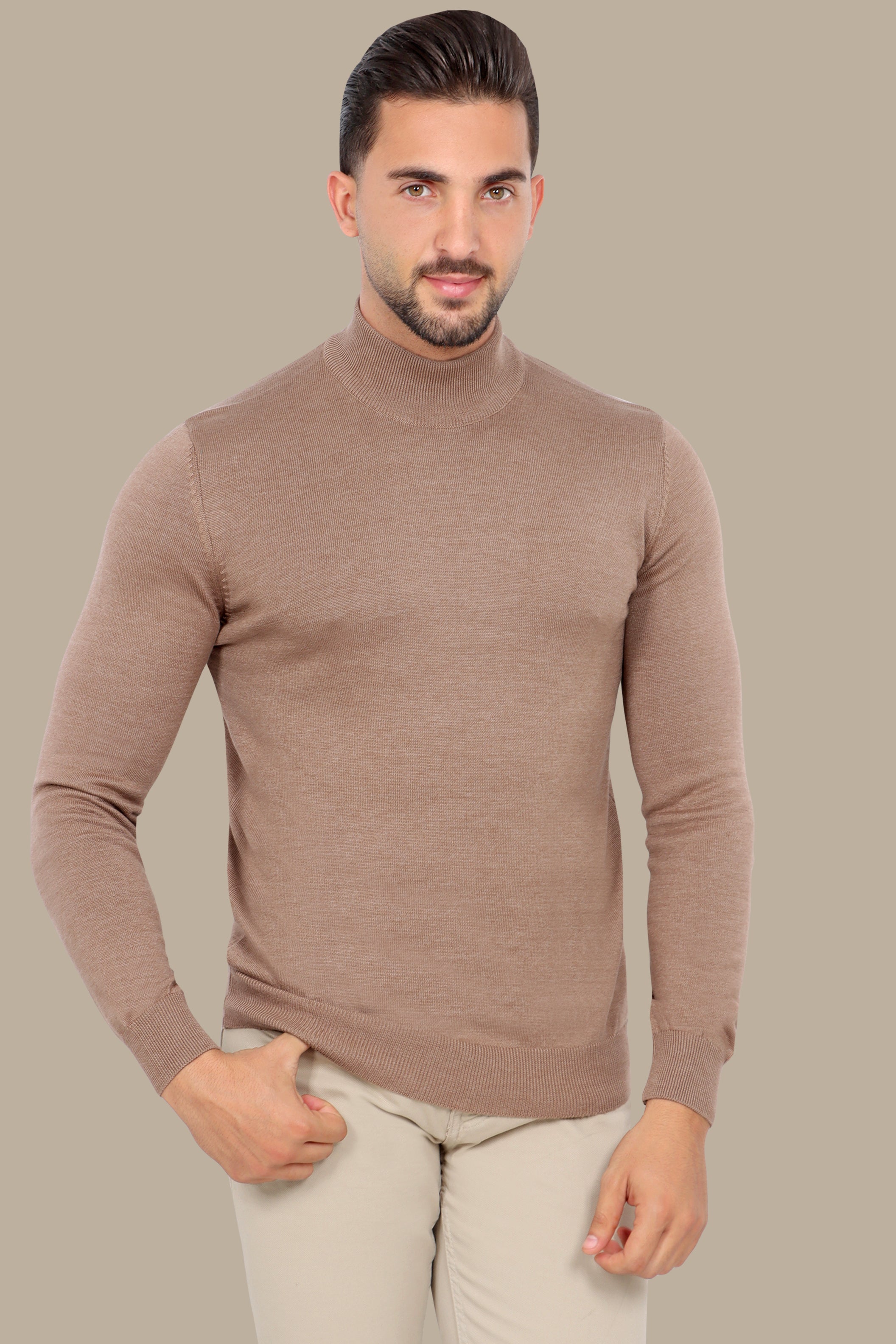 Beige High Neck Basic Sweater