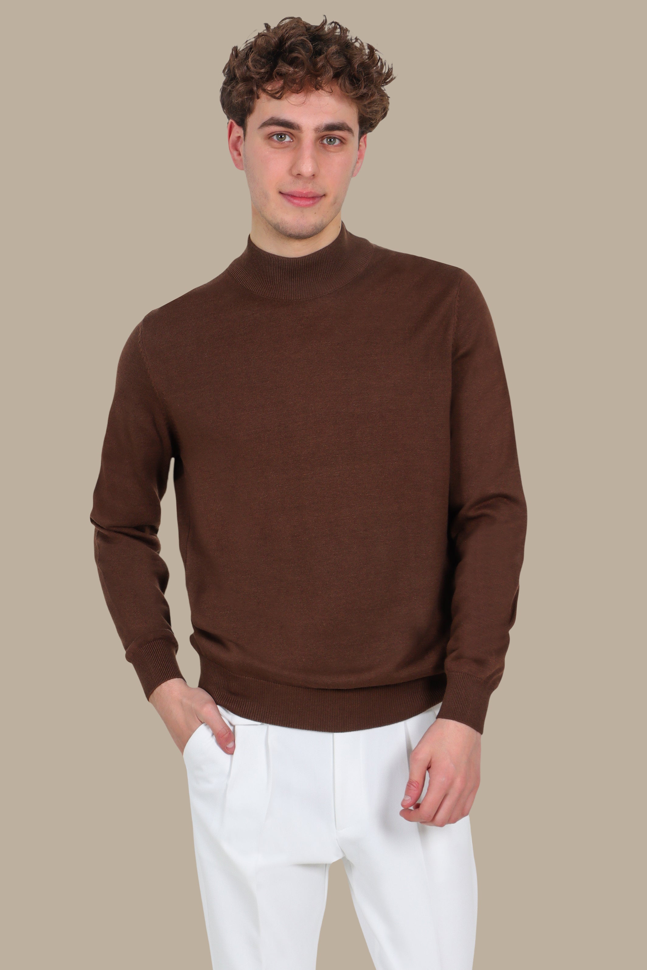 Brown High Neck Basic Sweater