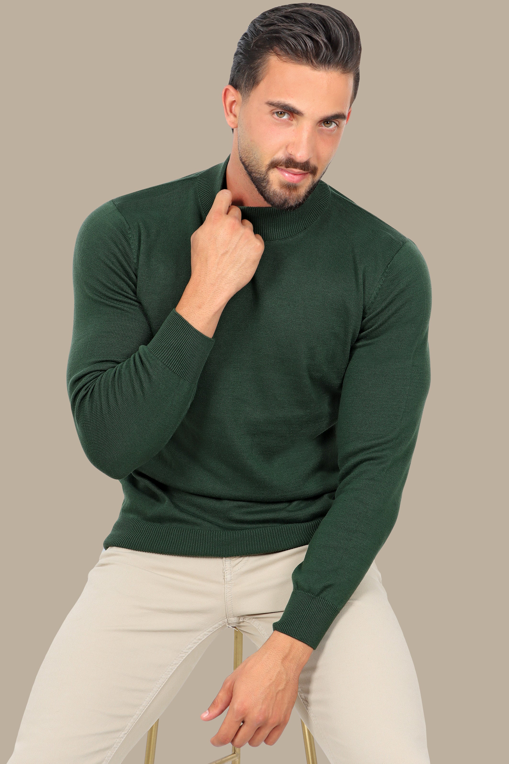 Green High Neck Basic Sweater