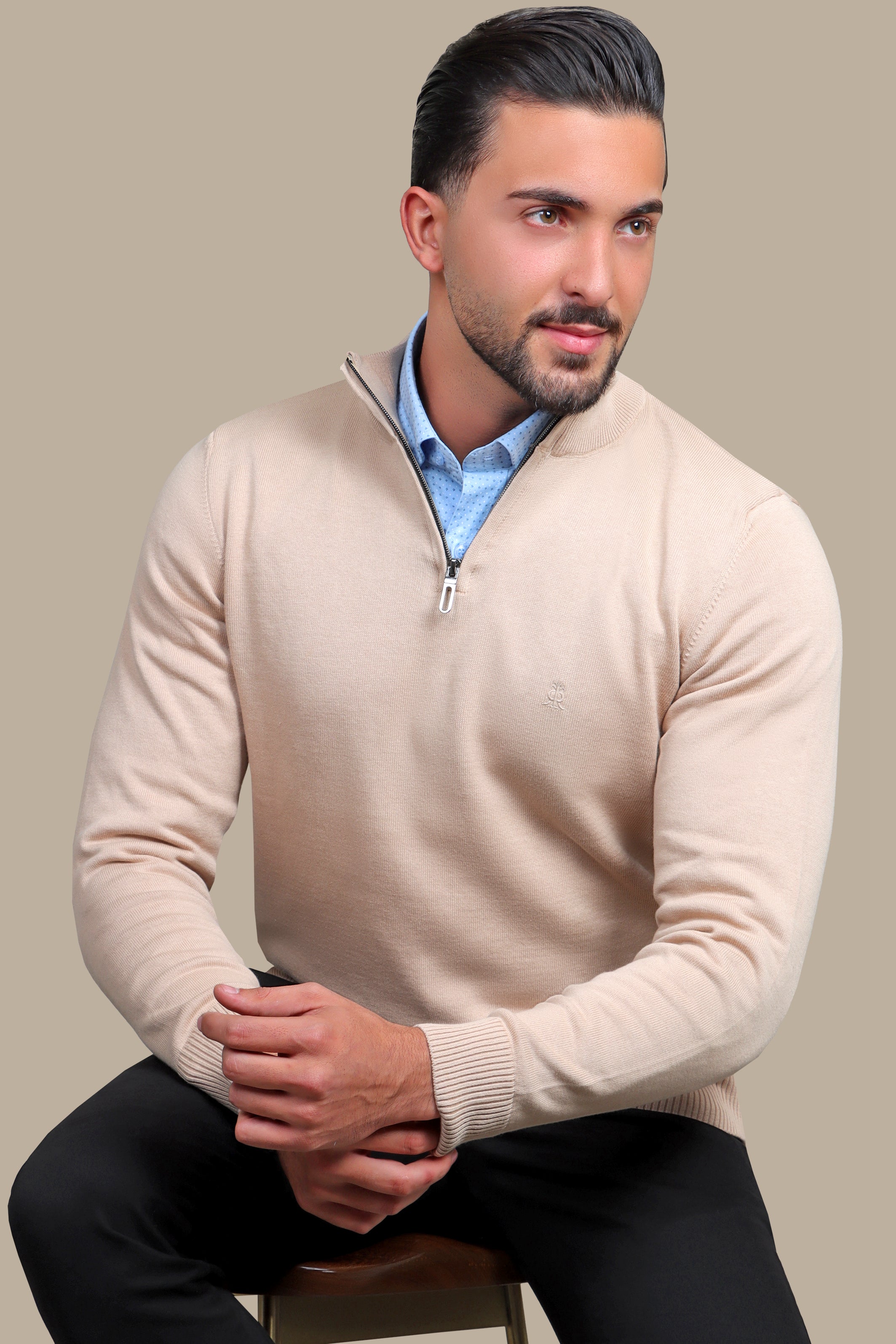 Sweater Half Zipper Basic Cotton | Beige