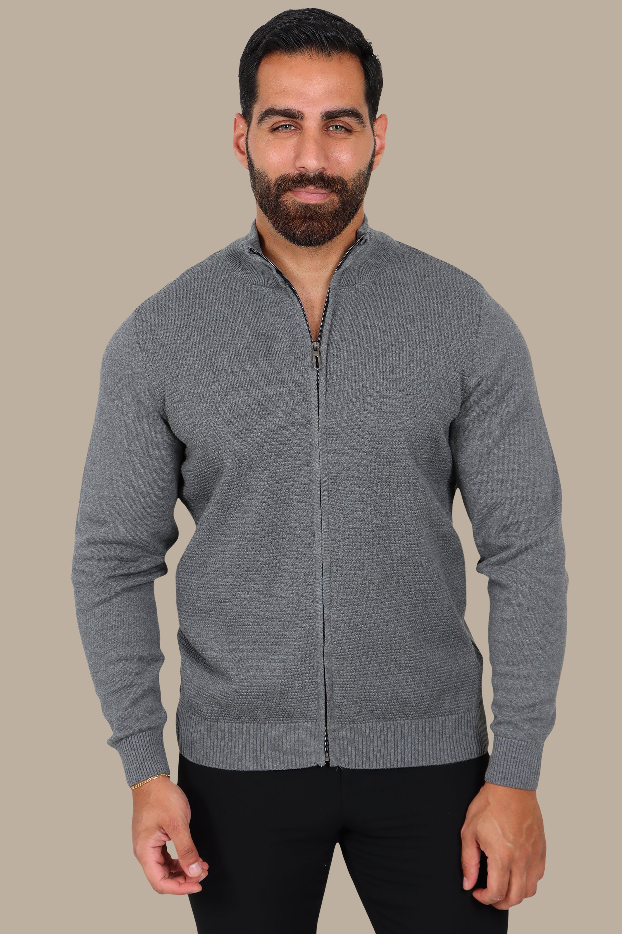 Grey Full-Zip Cardigan with Bee Print