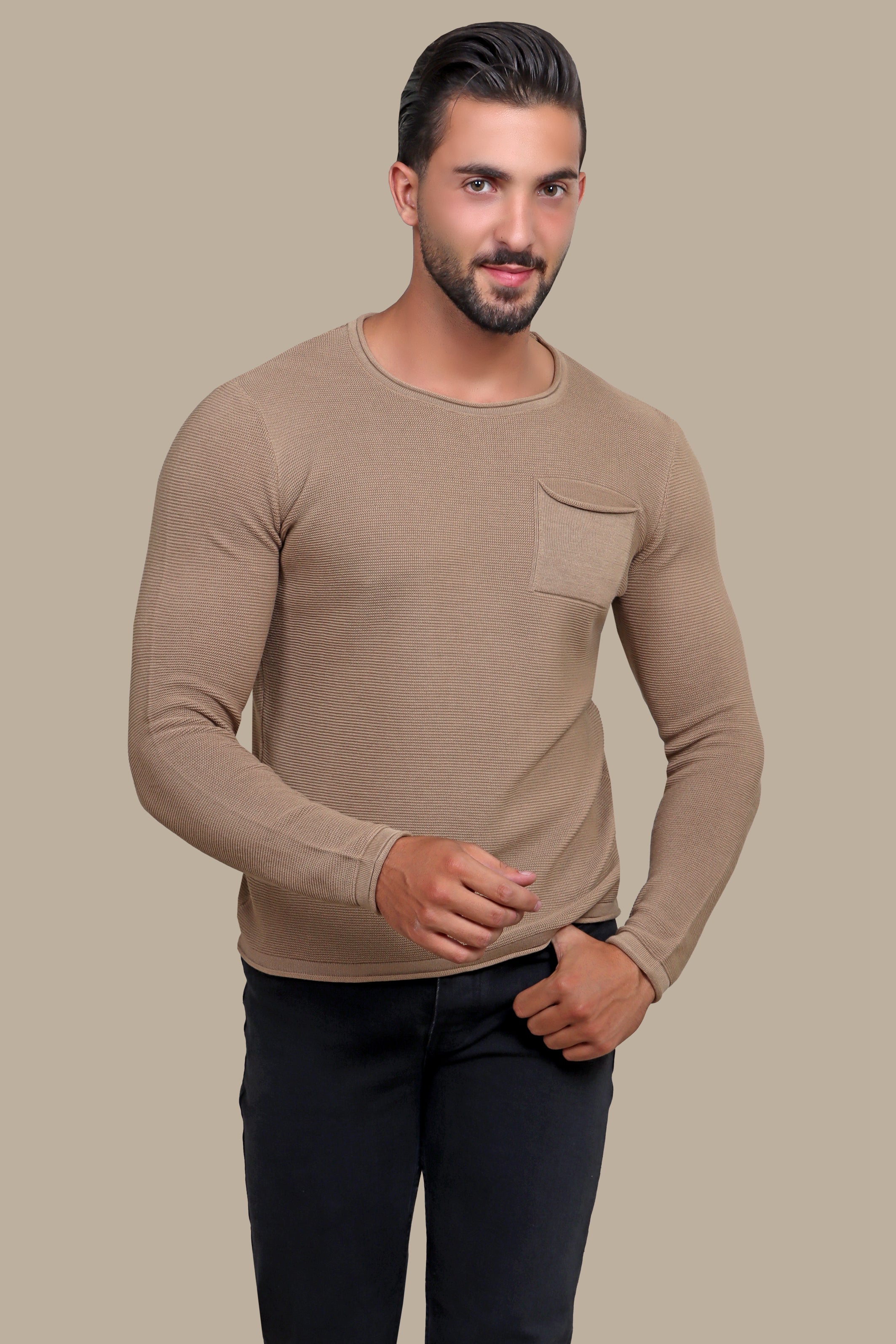 Beige Ribbed Sweater with Chic Pocket Detail: Effortless Comfort & Style