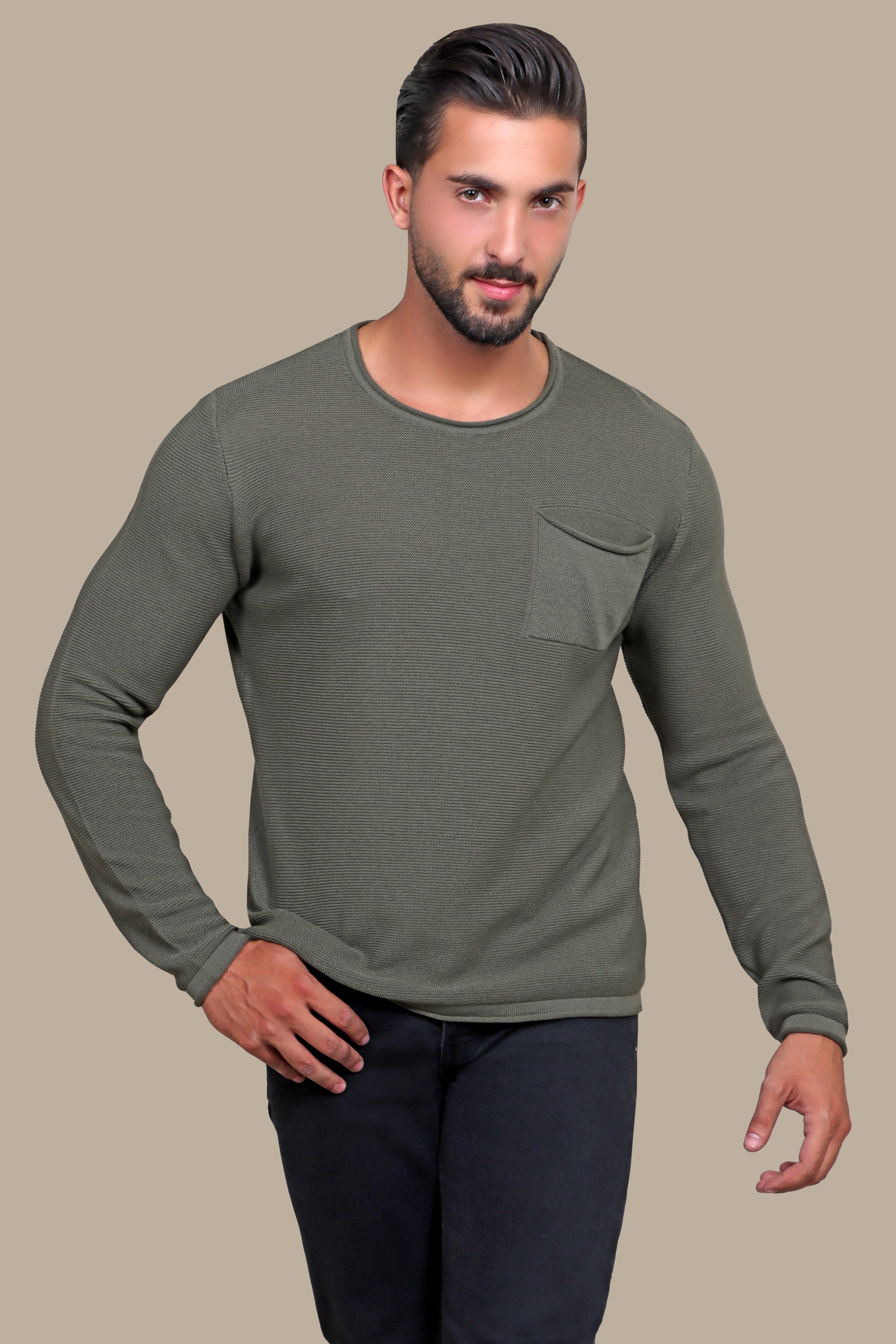 Khaki Comfort: Cozy Up in Style with our Ribbed Sweater Featuring Chic Pockets