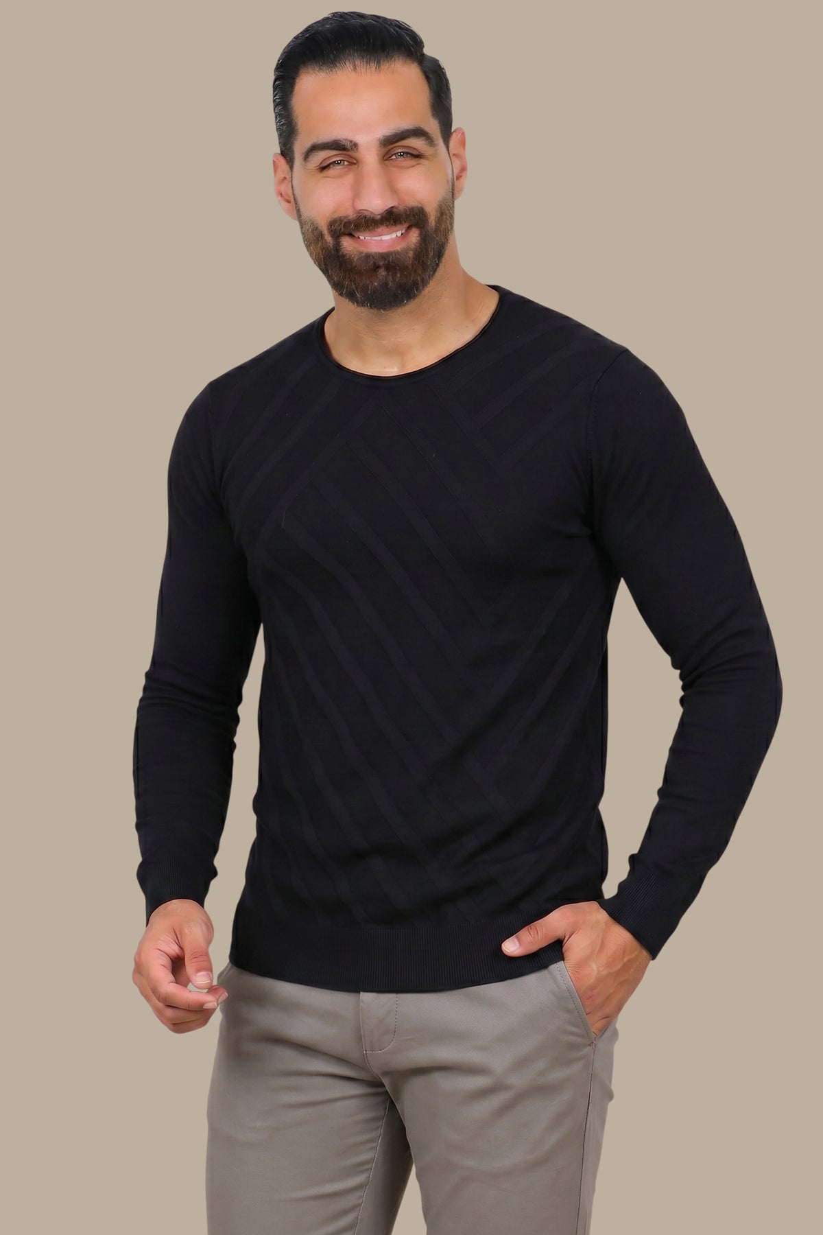 Black Striped Double-Neck Sweater