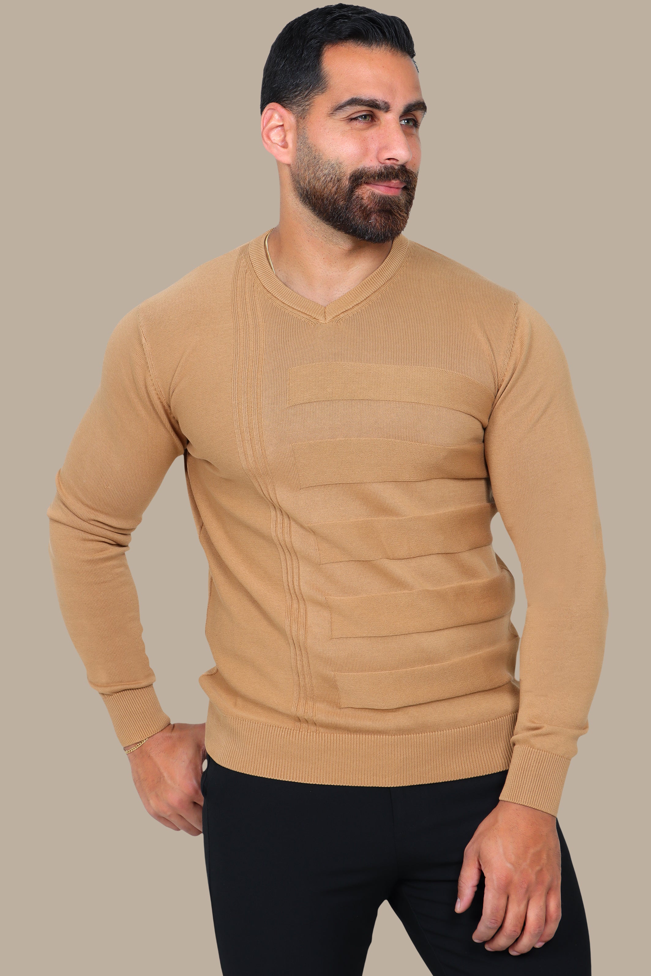 Camel Comfort: V-Neck Sweater Elegance
