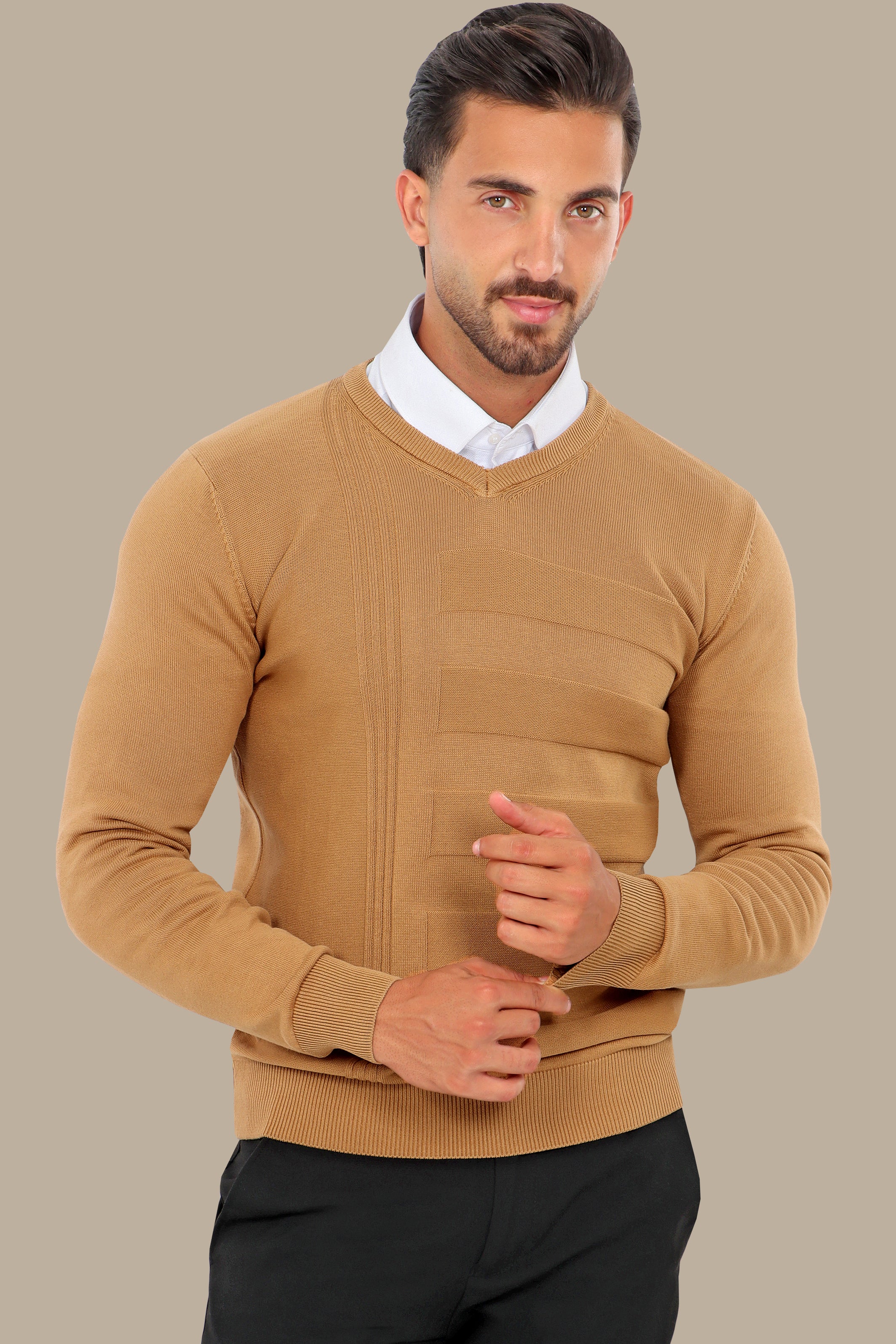 Camel Comfort: V-Neck Sweater Elegance