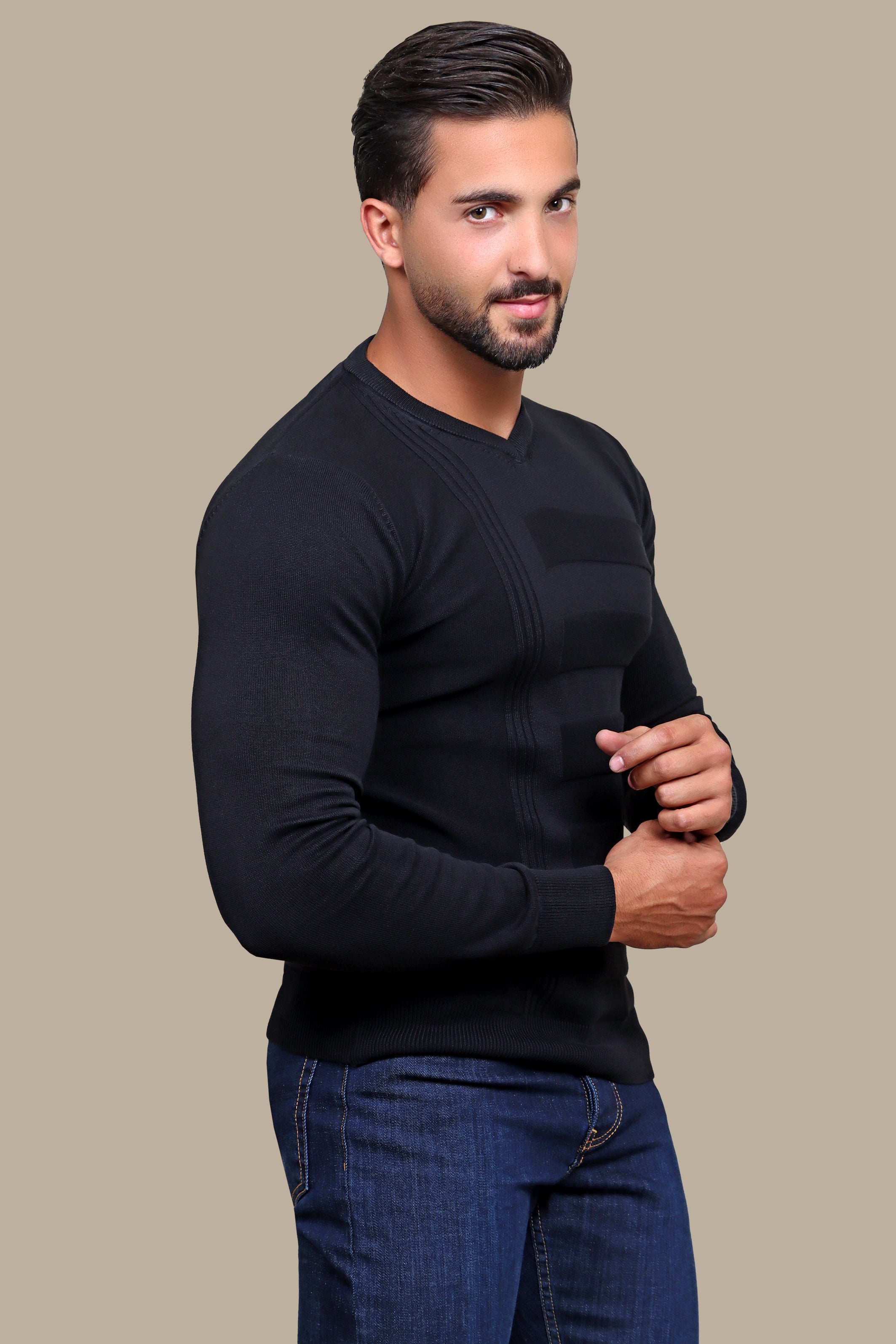 Classic Charisma: Black V-Neck Designed Sweater