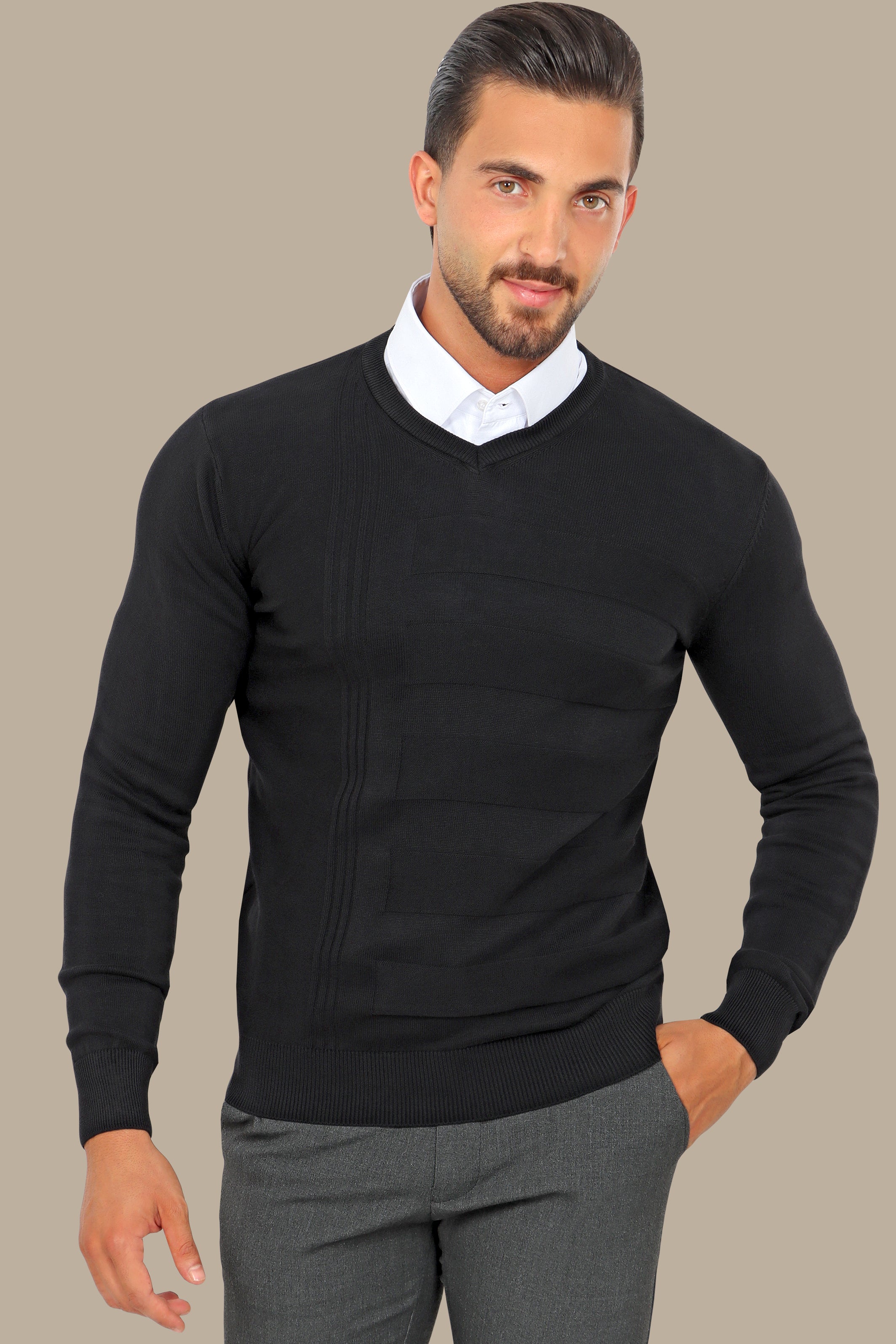 Classic Charisma: Black V-Neck Designed Sweater