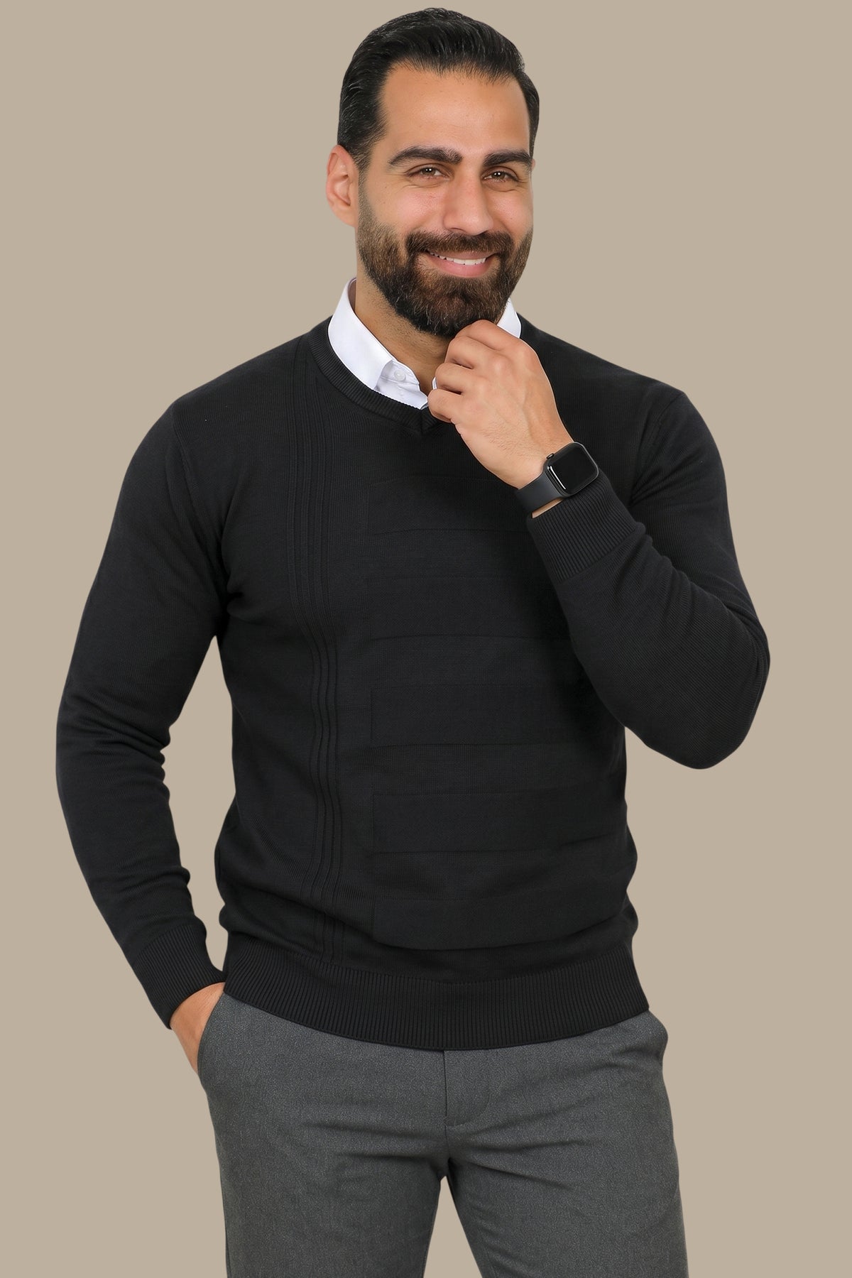 Classic Charisma: Black V-Neck Designed Sweater