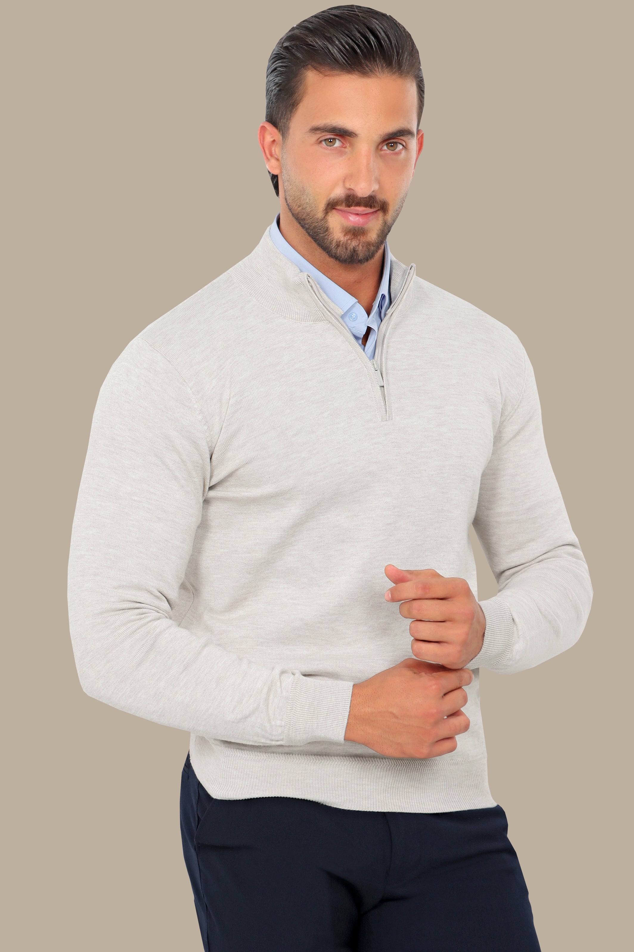 Light Beige Half-Zip Cotton Sweater