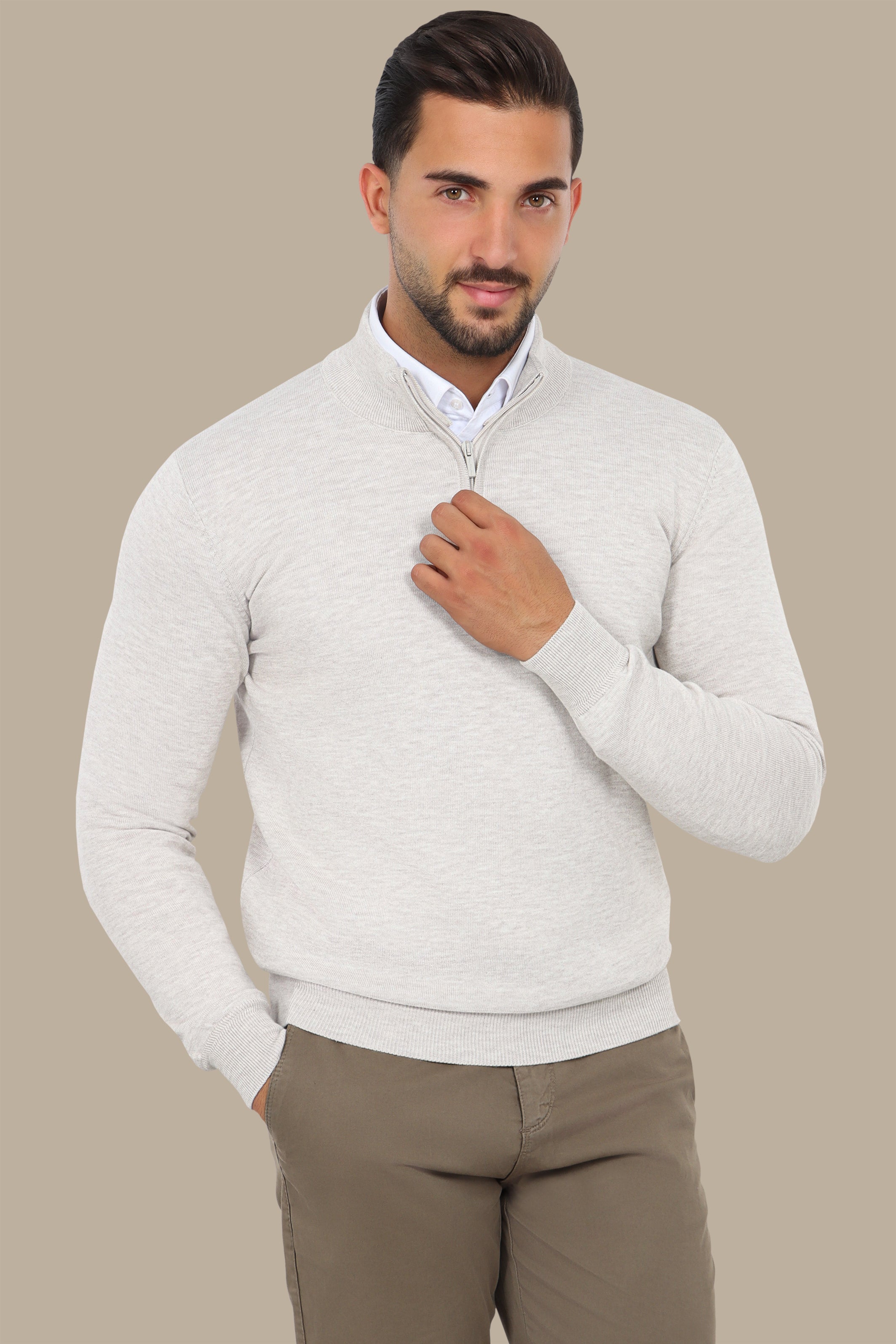 Light Beige Half-Zip Cotton Sweater