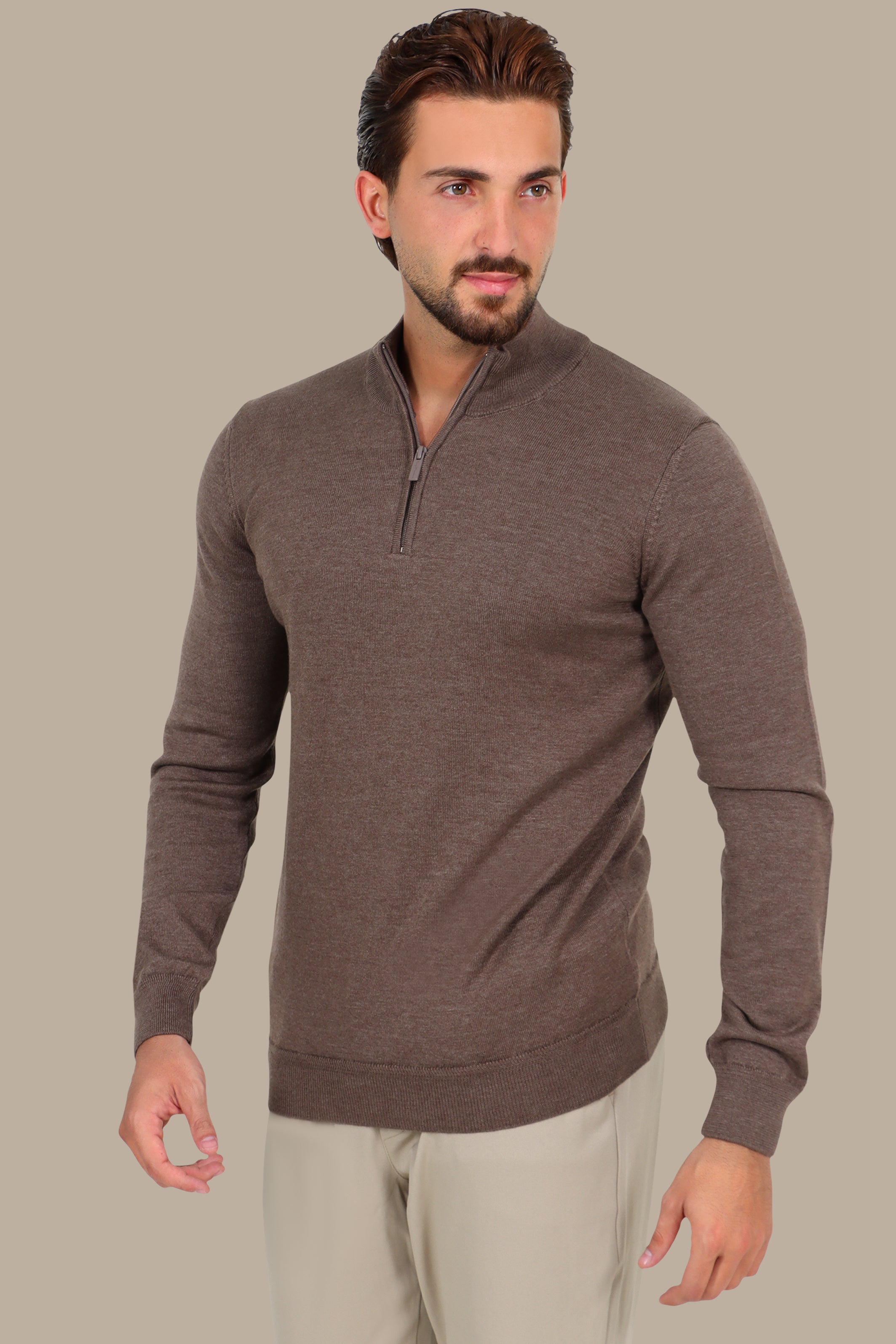 Half Zipper Cotton Sweater in Light Brown