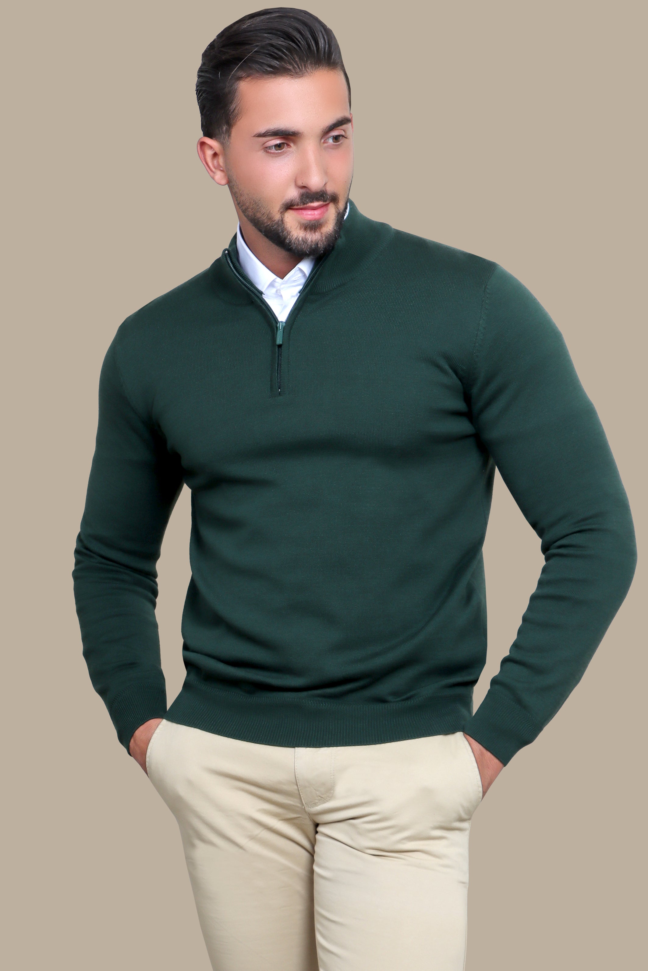 Dark Green Half-Zip Cotton Sweater