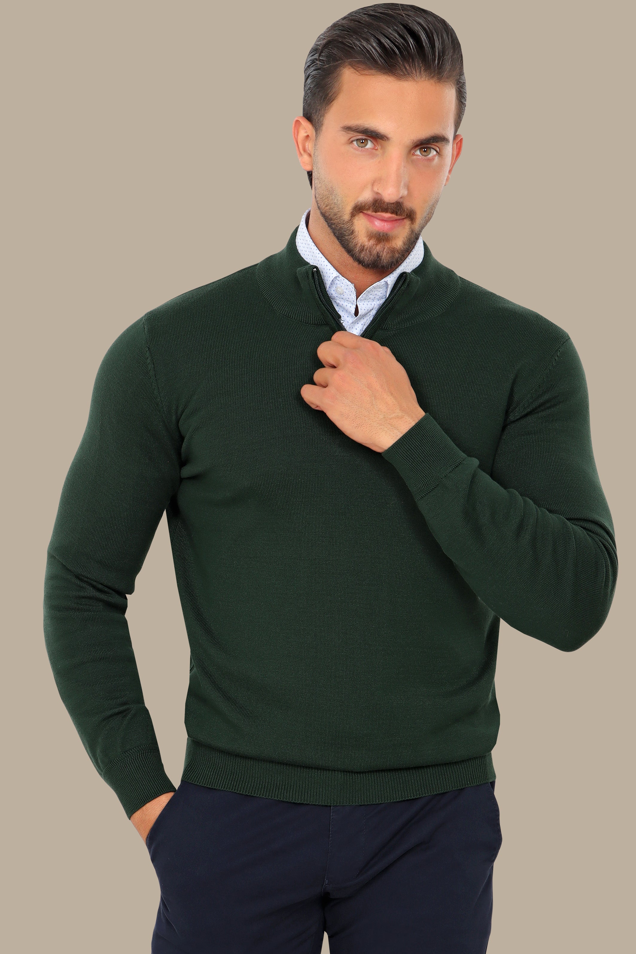 Dark Green Half-Zip Cotton Sweater