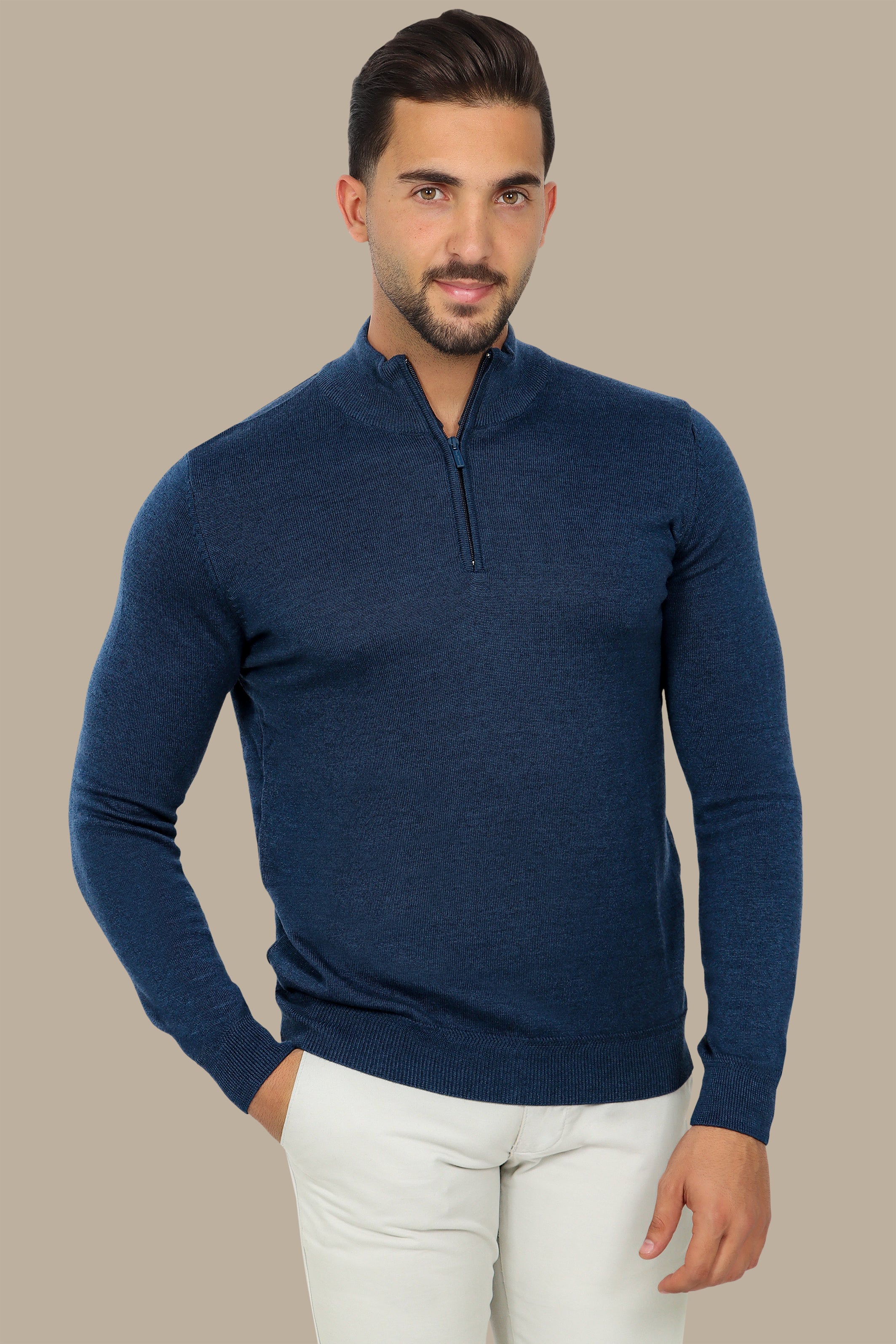 Blue Cotton Sweater with Half Zipper