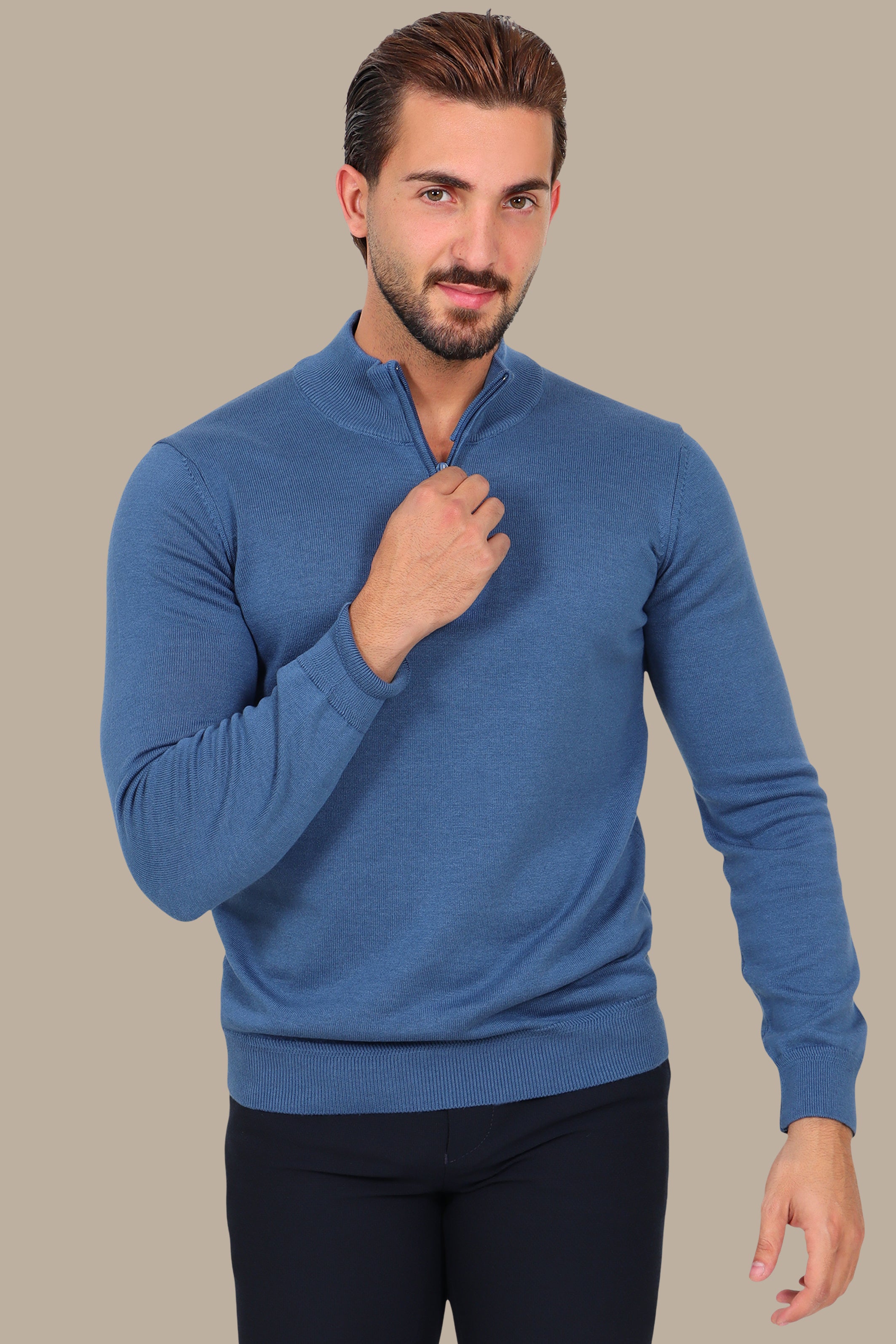 Blue Cotton Sweater with Half Zipper
