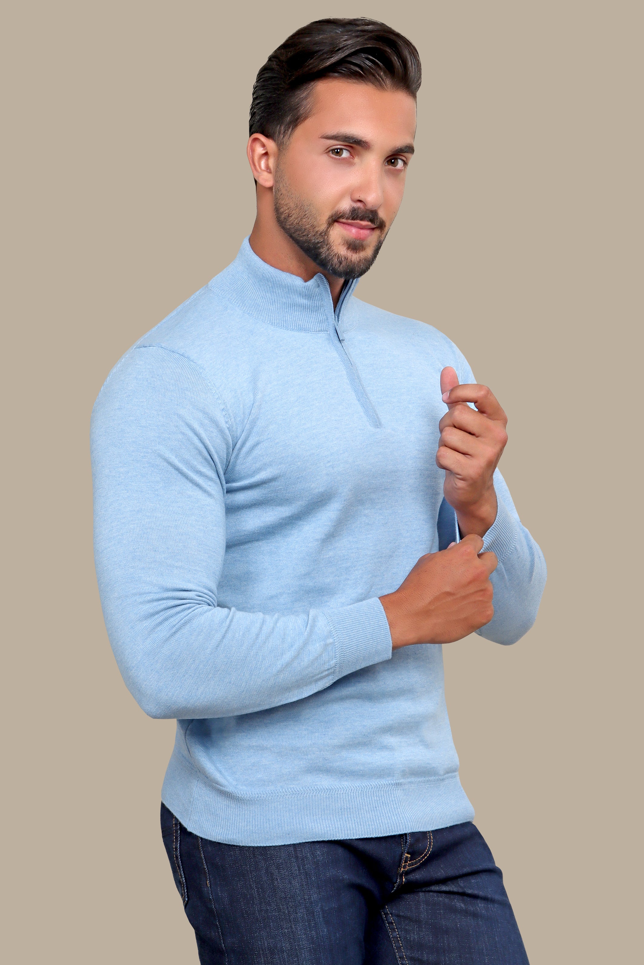 Sweater Half Zipper Cotton | Light Blue