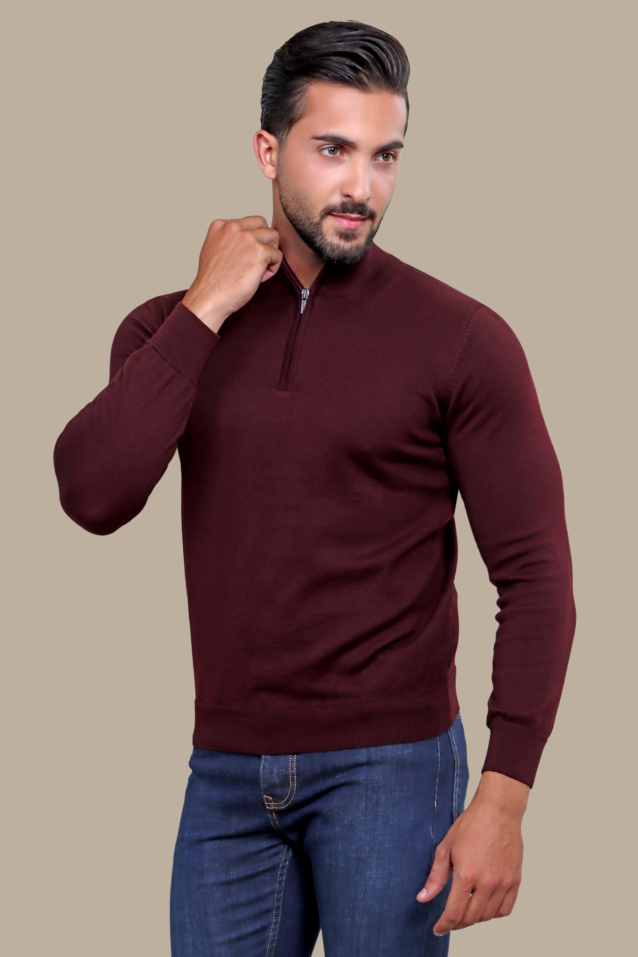 Burgundy Half Zipper Cotton Sweater