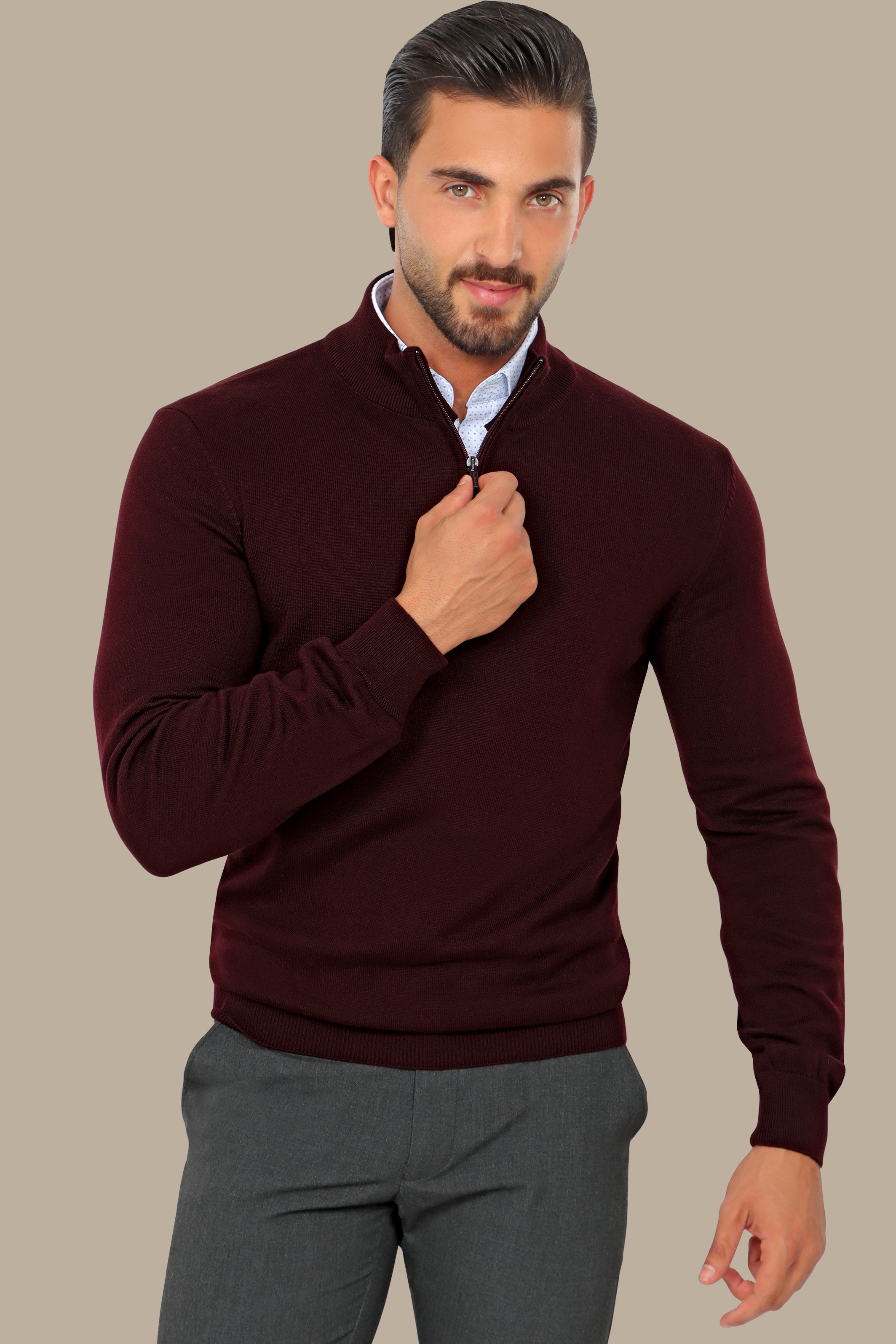 Burgundy Half Zipper Cotton Sweater