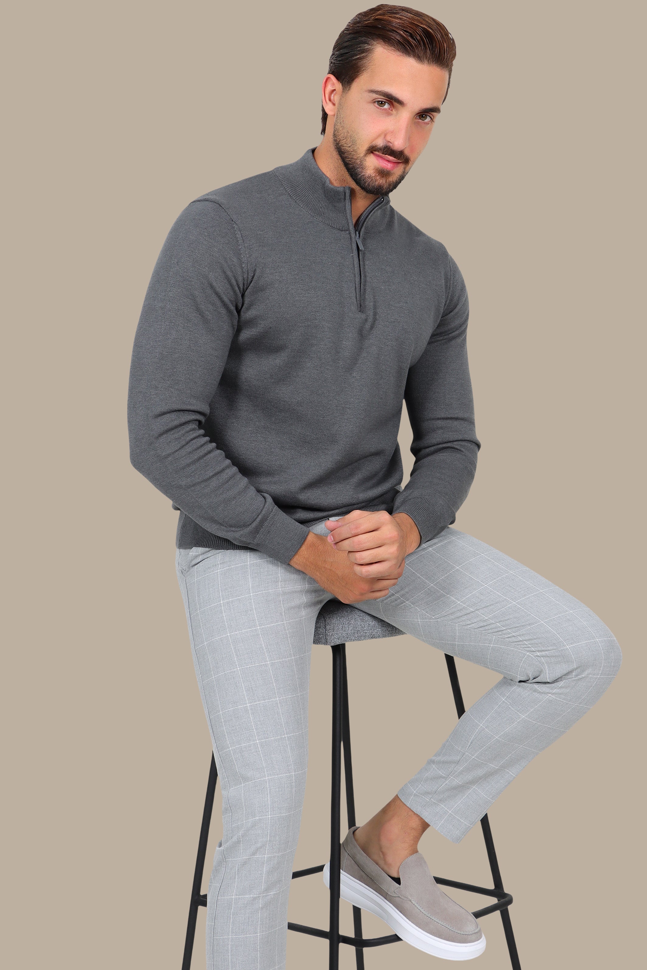 Grey Cotton Sweater with Half Zipper