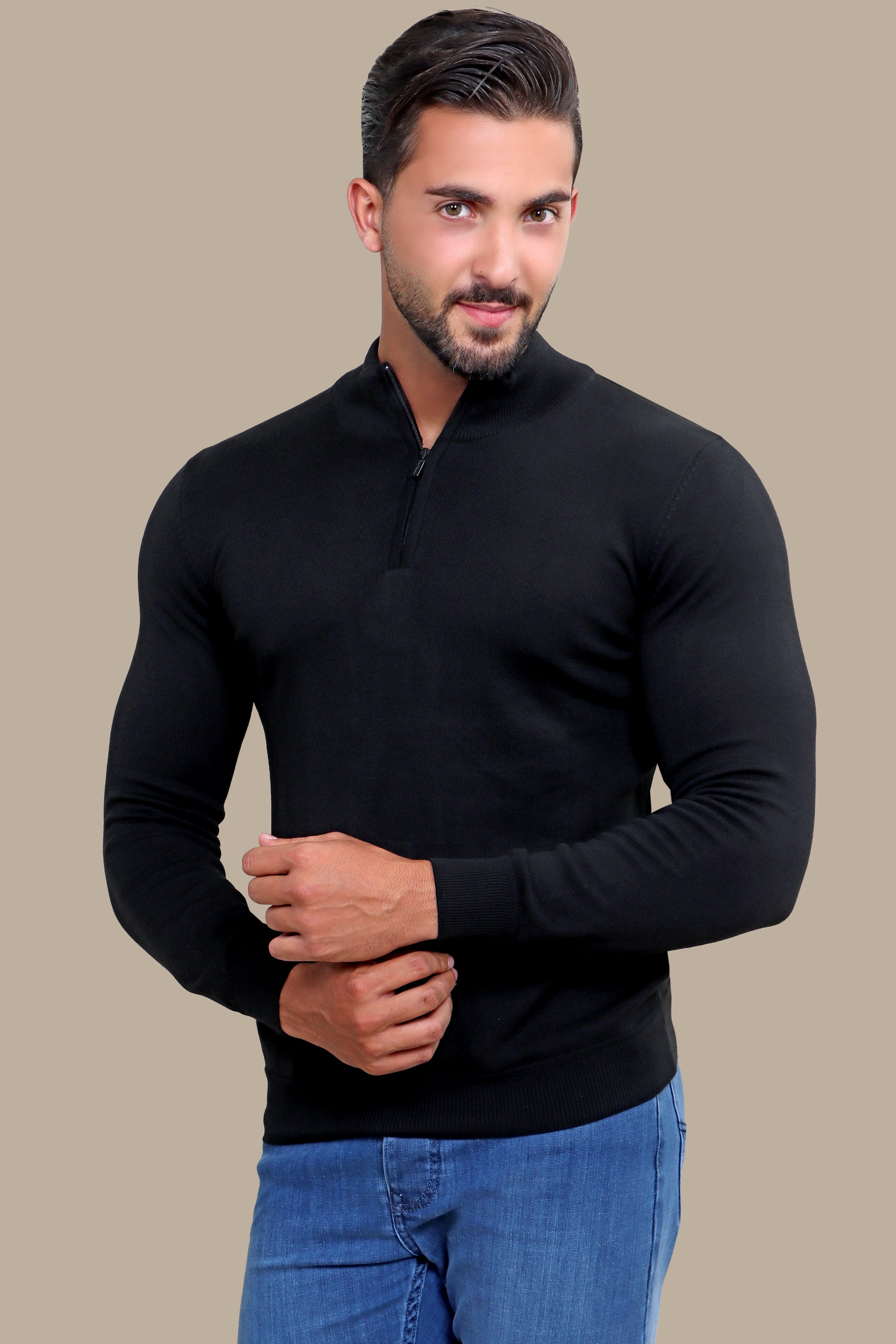 Black Half Zipper Cotton Sweater