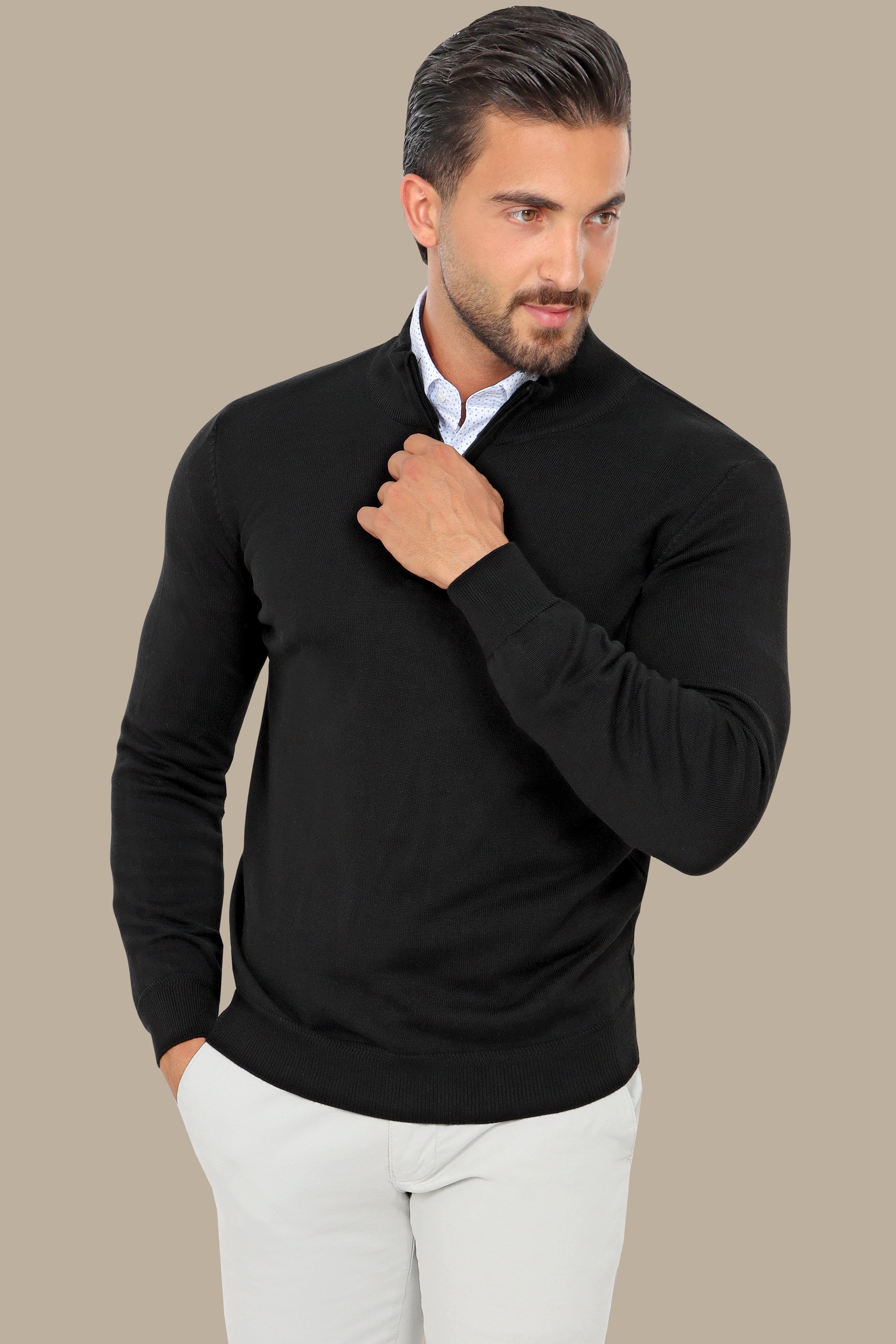 Black Half Zipper Cotton Sweater