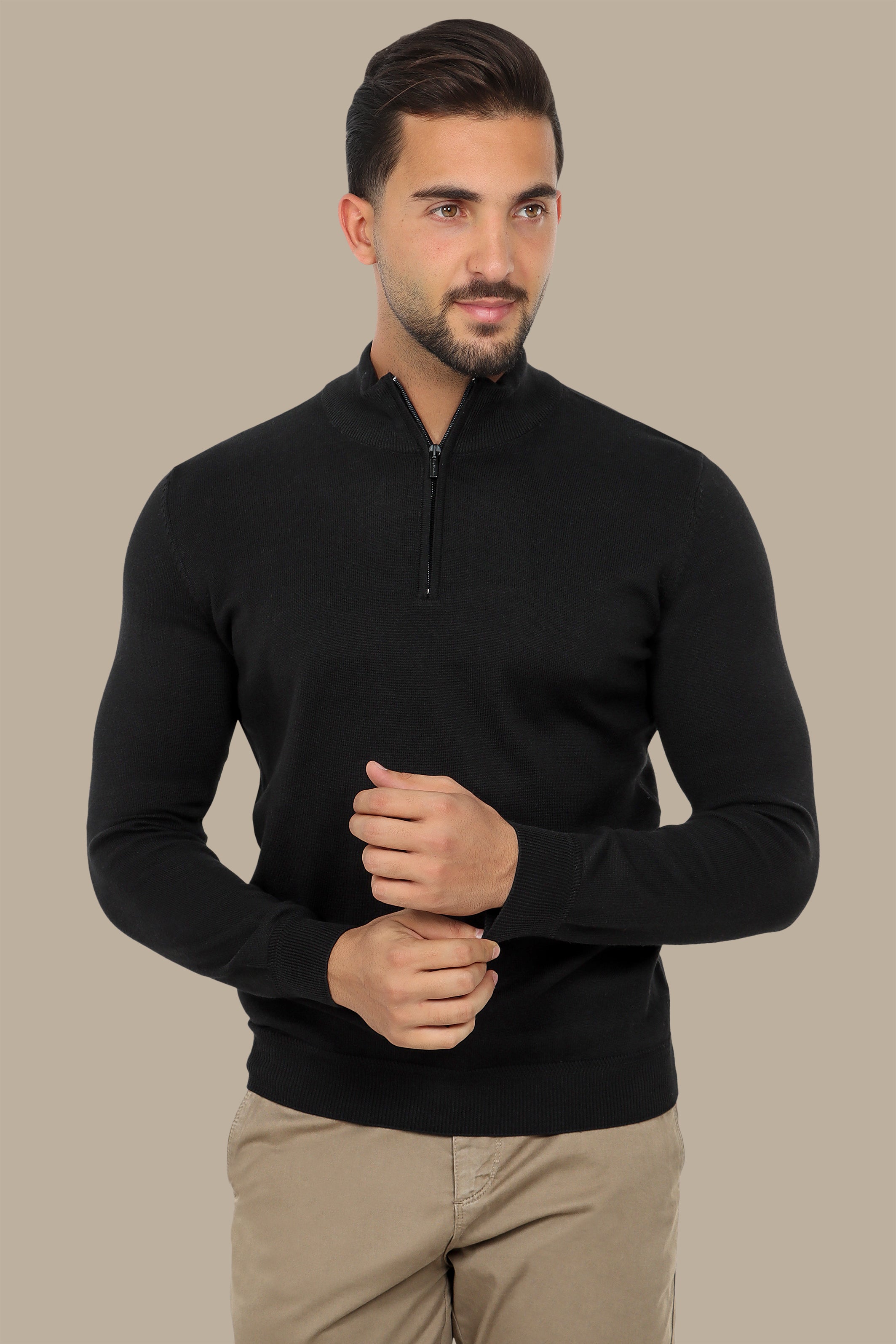 Black Half Zipper Cotton Sweater