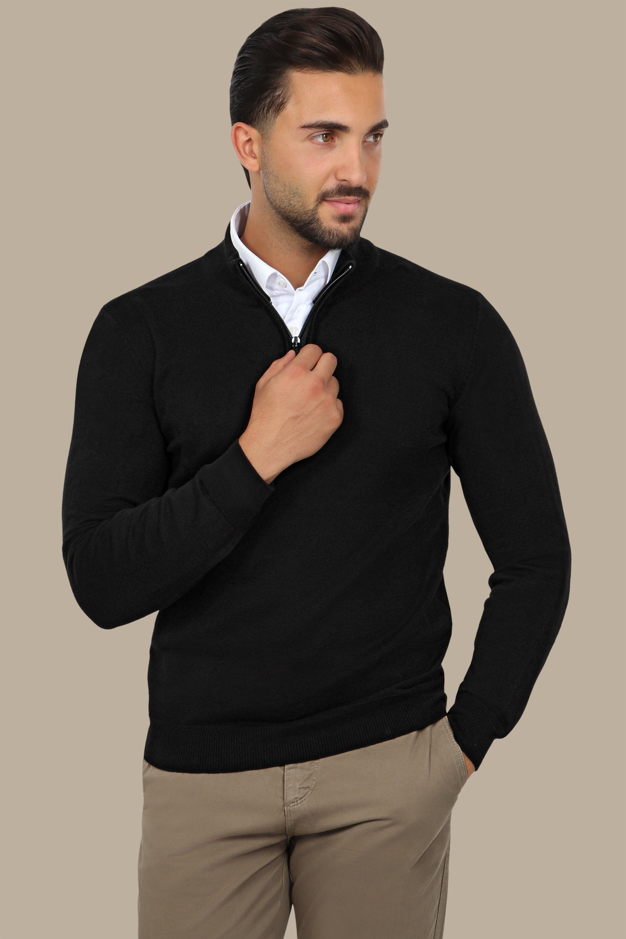 Black Half Zipper Cotton Sweater