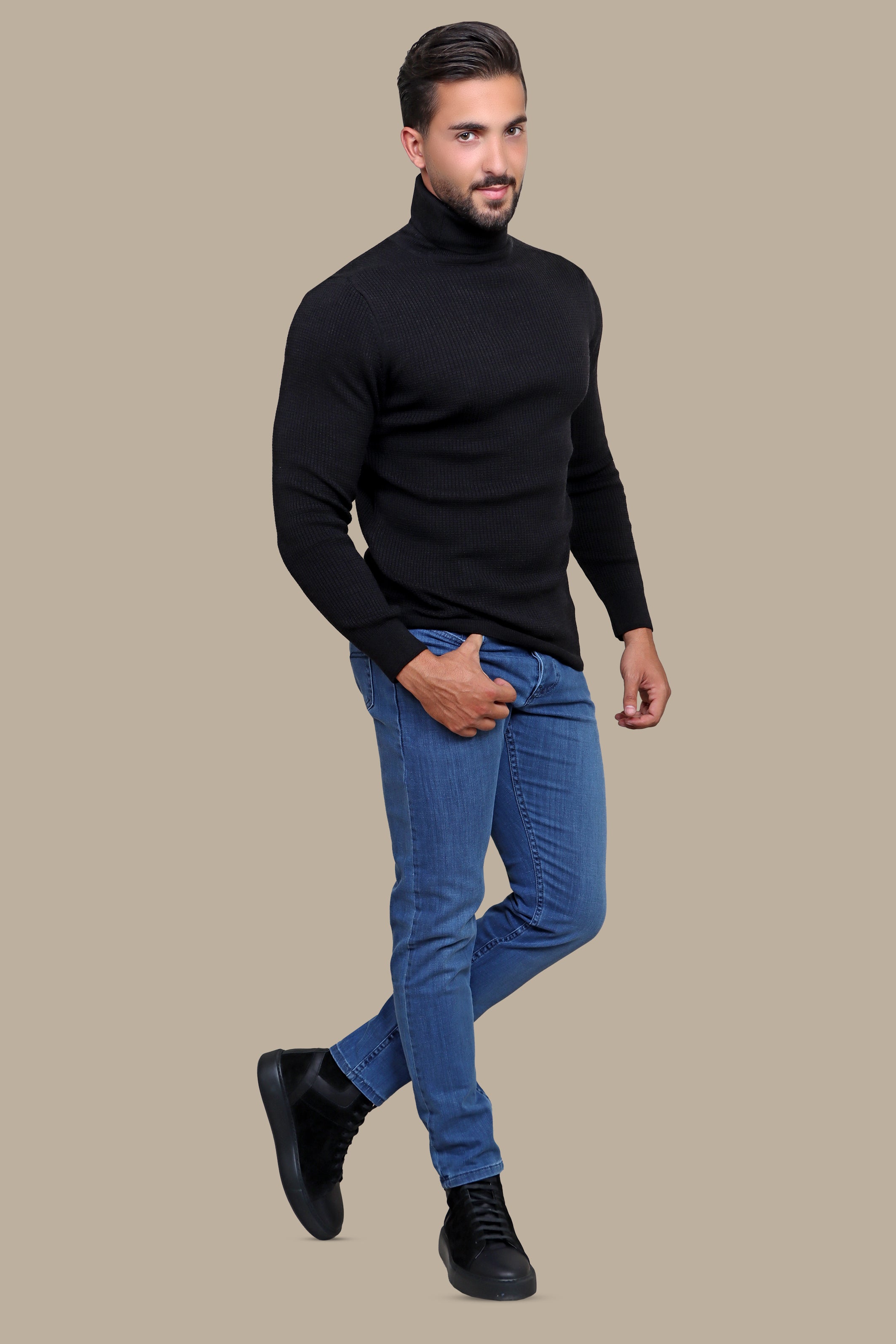 Opulent Noir: Structured Black Turtle Neck Sweater