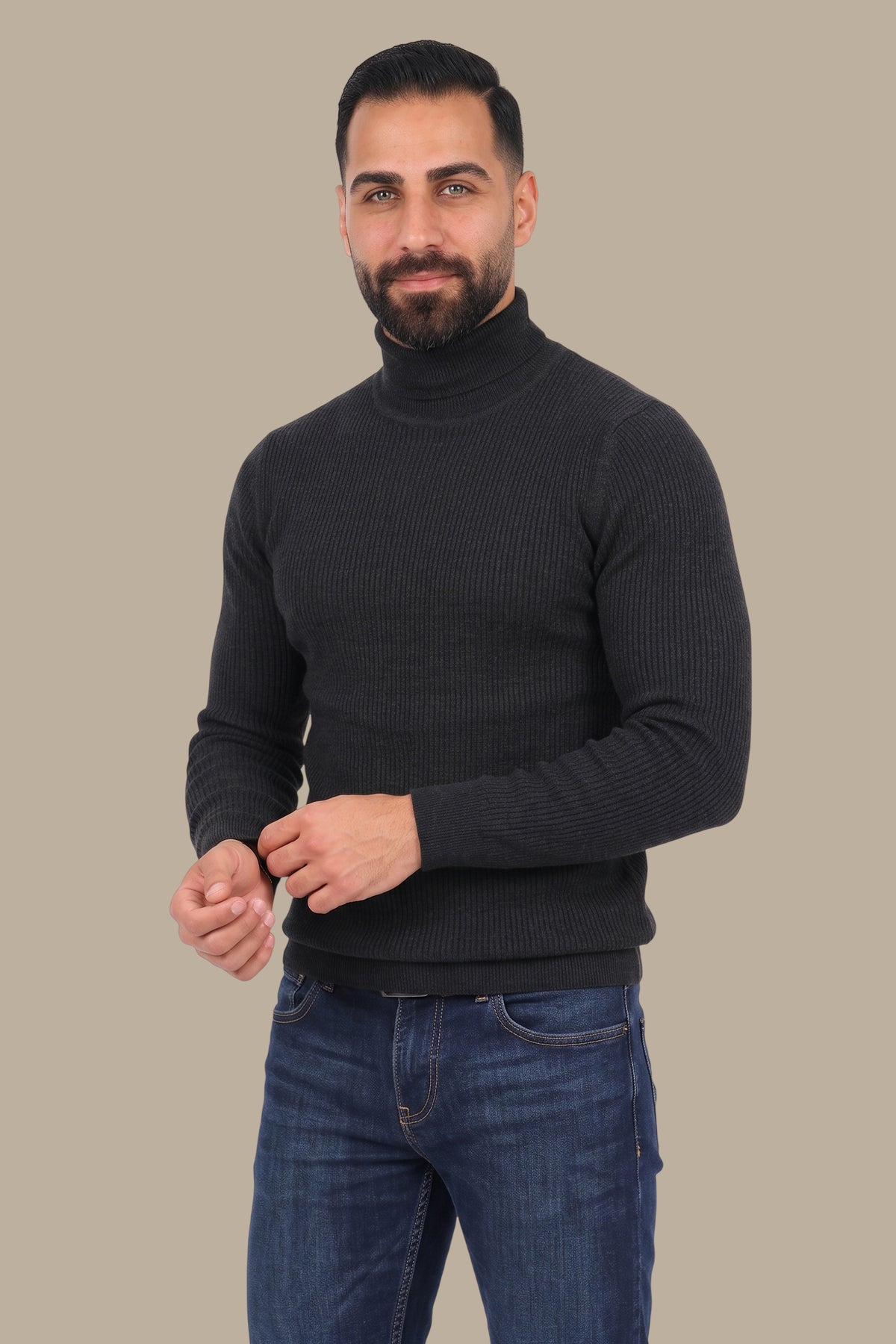 Opulent Noir: Structured Turtle Neck Sweater
