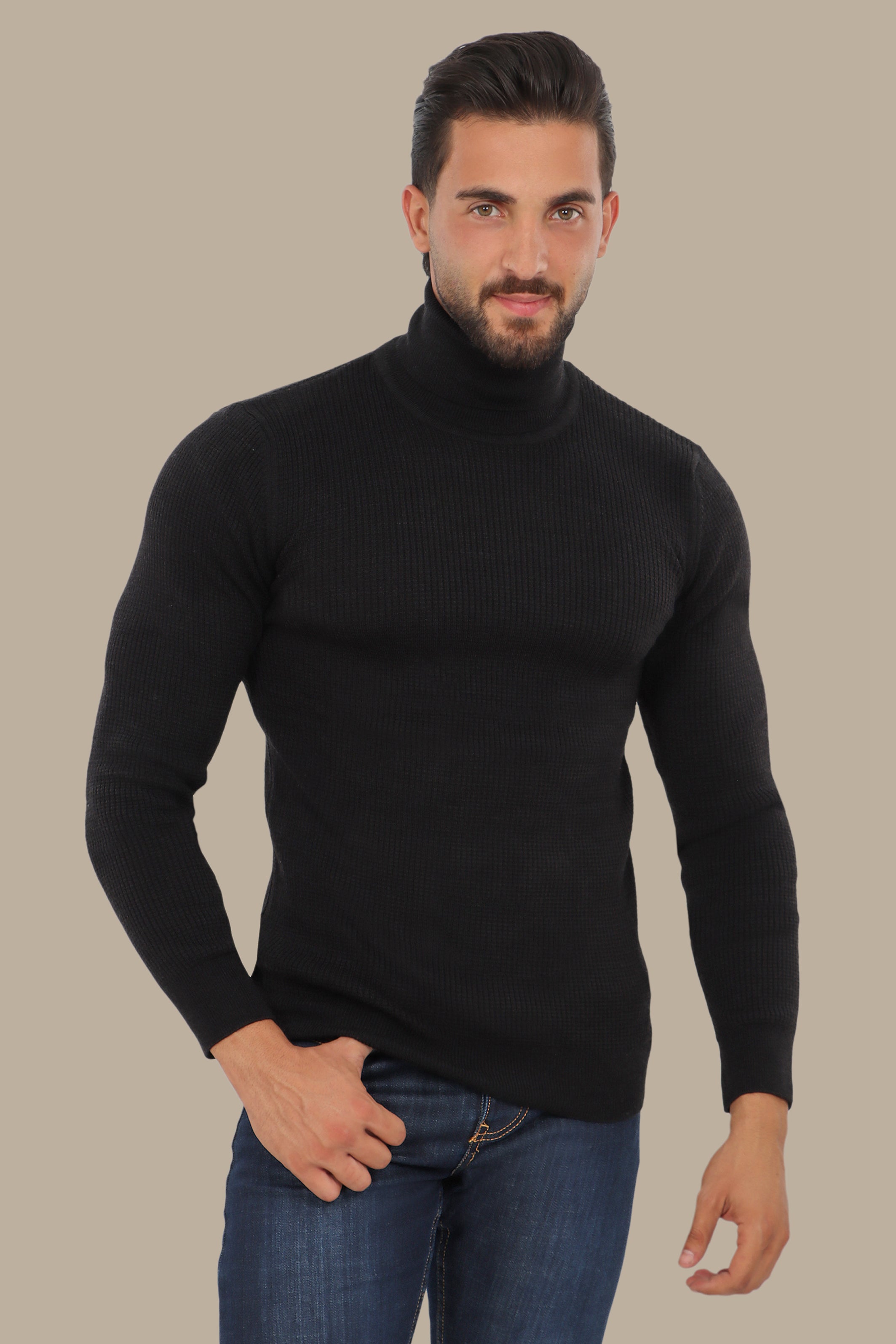 Opulent Noir: Structured Black Turtle Neck Sweater