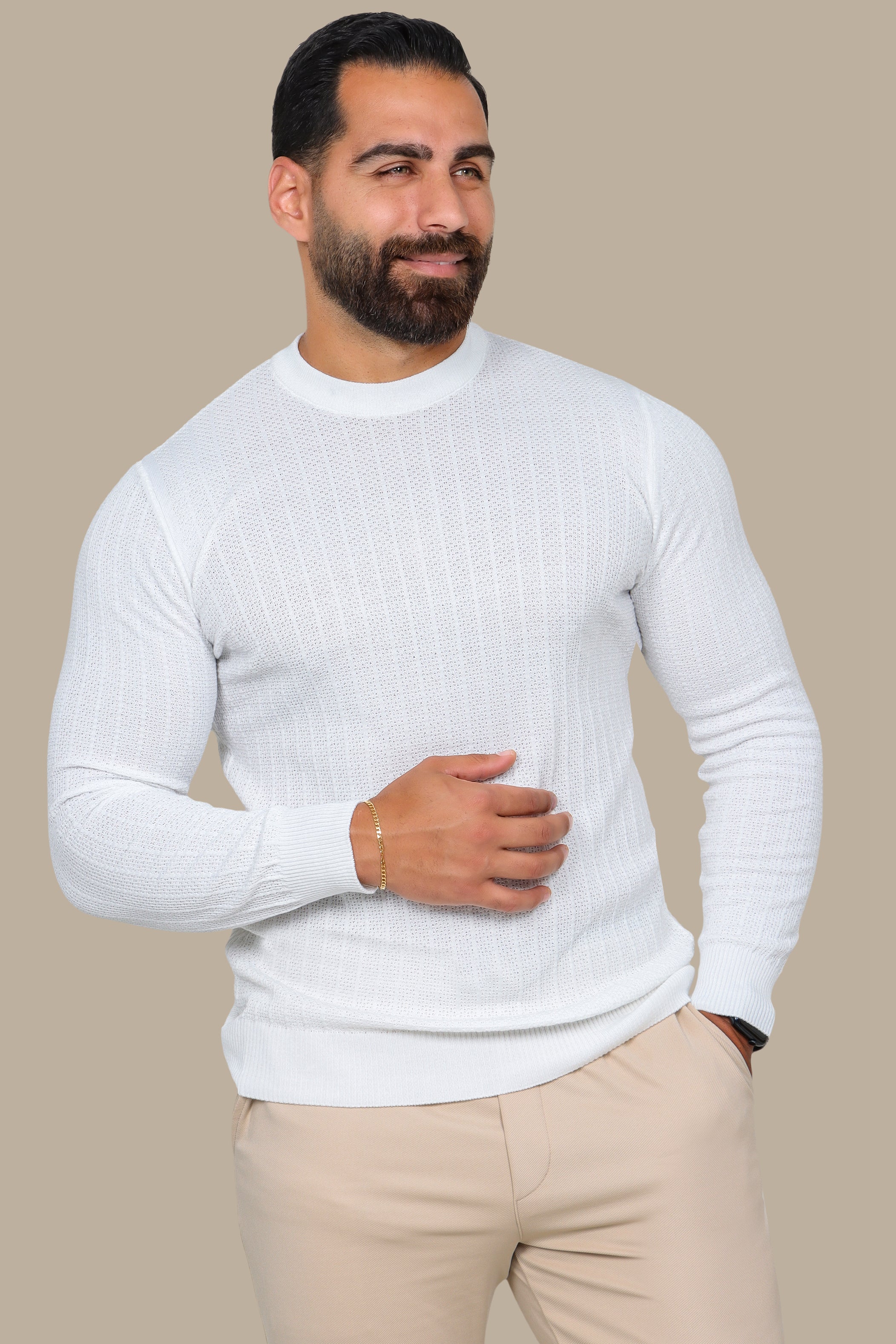 White Structured Stripe Round Neck Sweater