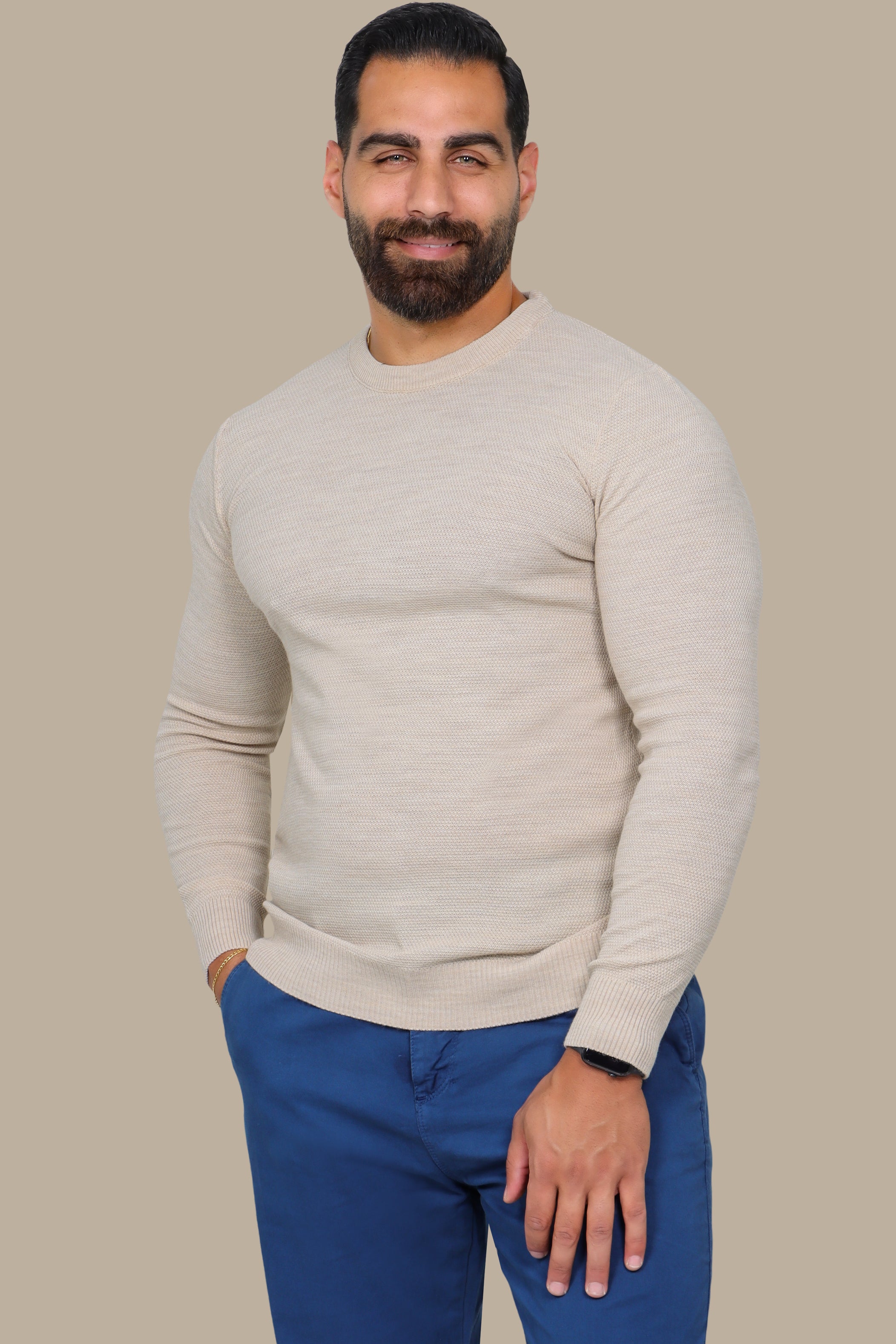 Beige Structured Round Neck Sweater