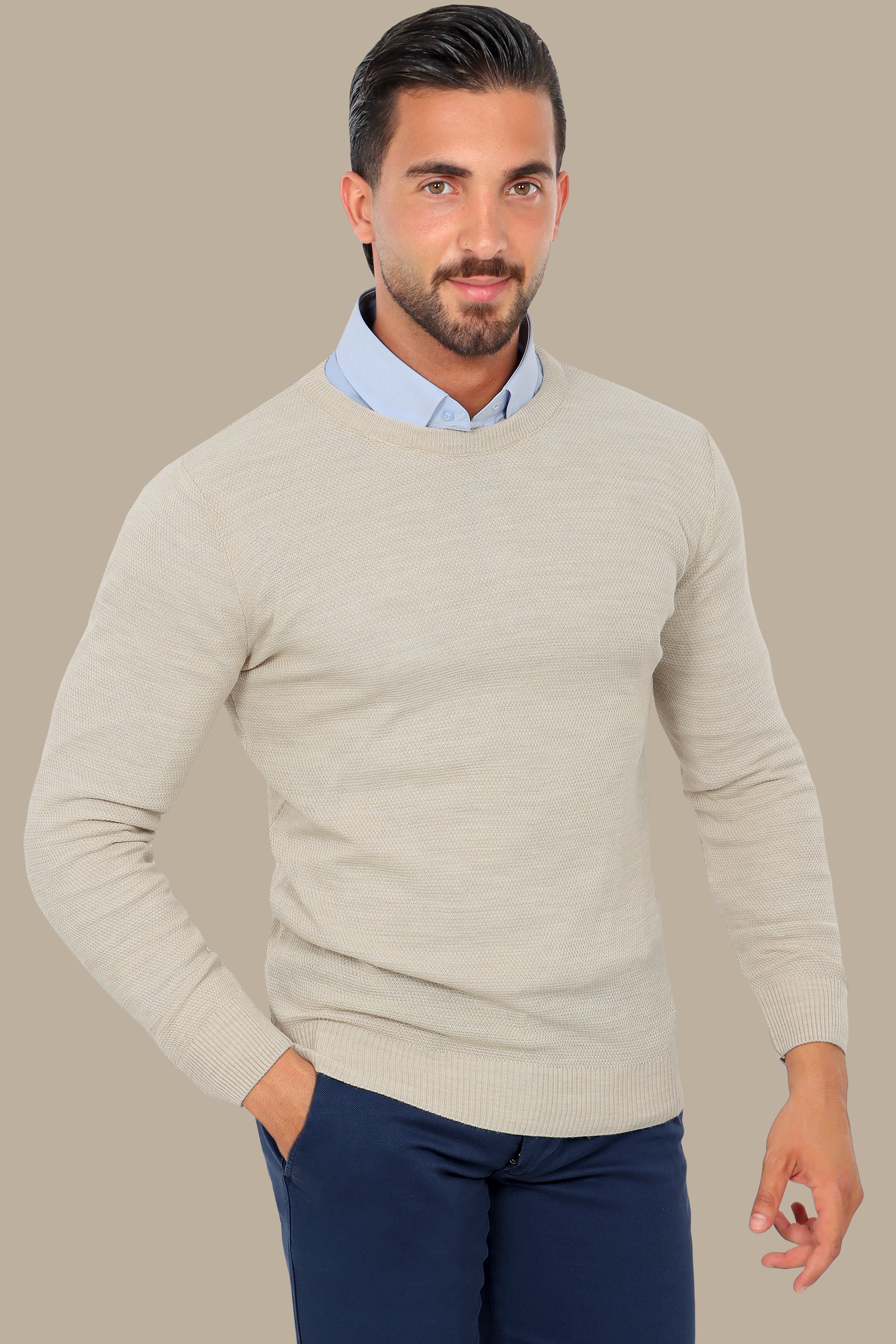 Beige Structured Round Neck Sweater