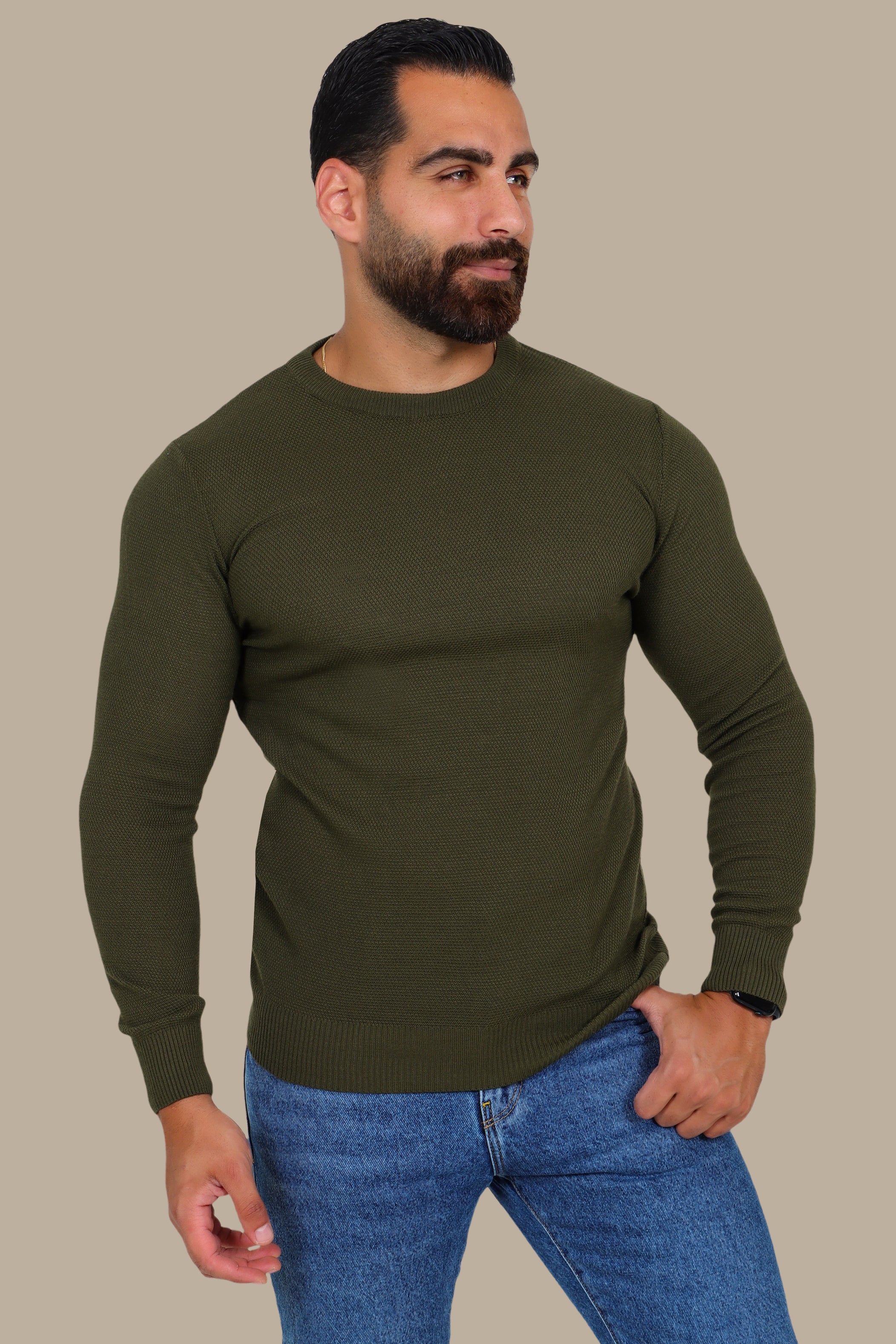 Effortless Style: Khaki Structured Round Neck Sweater