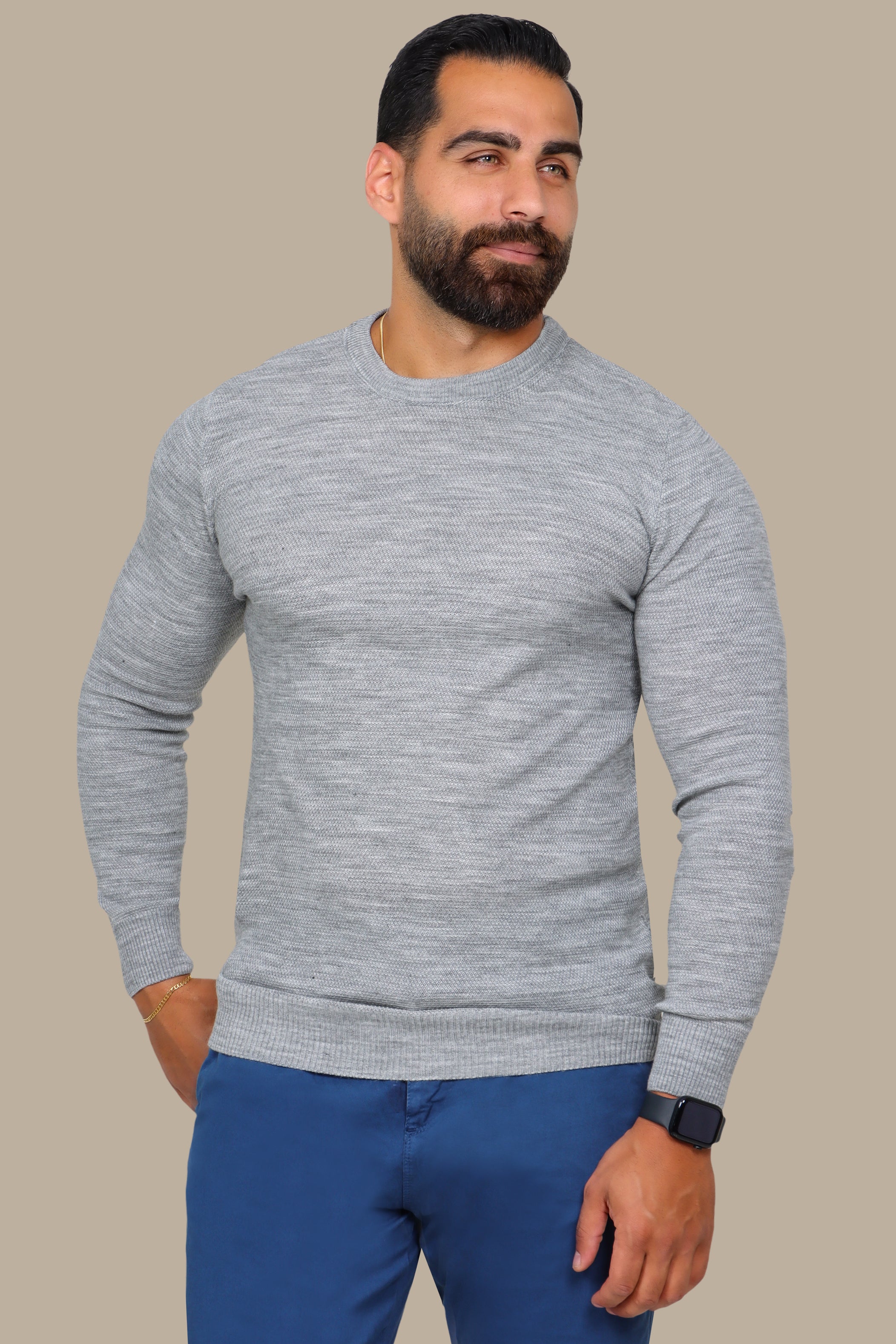 Grey Structured Round Neck Sweater