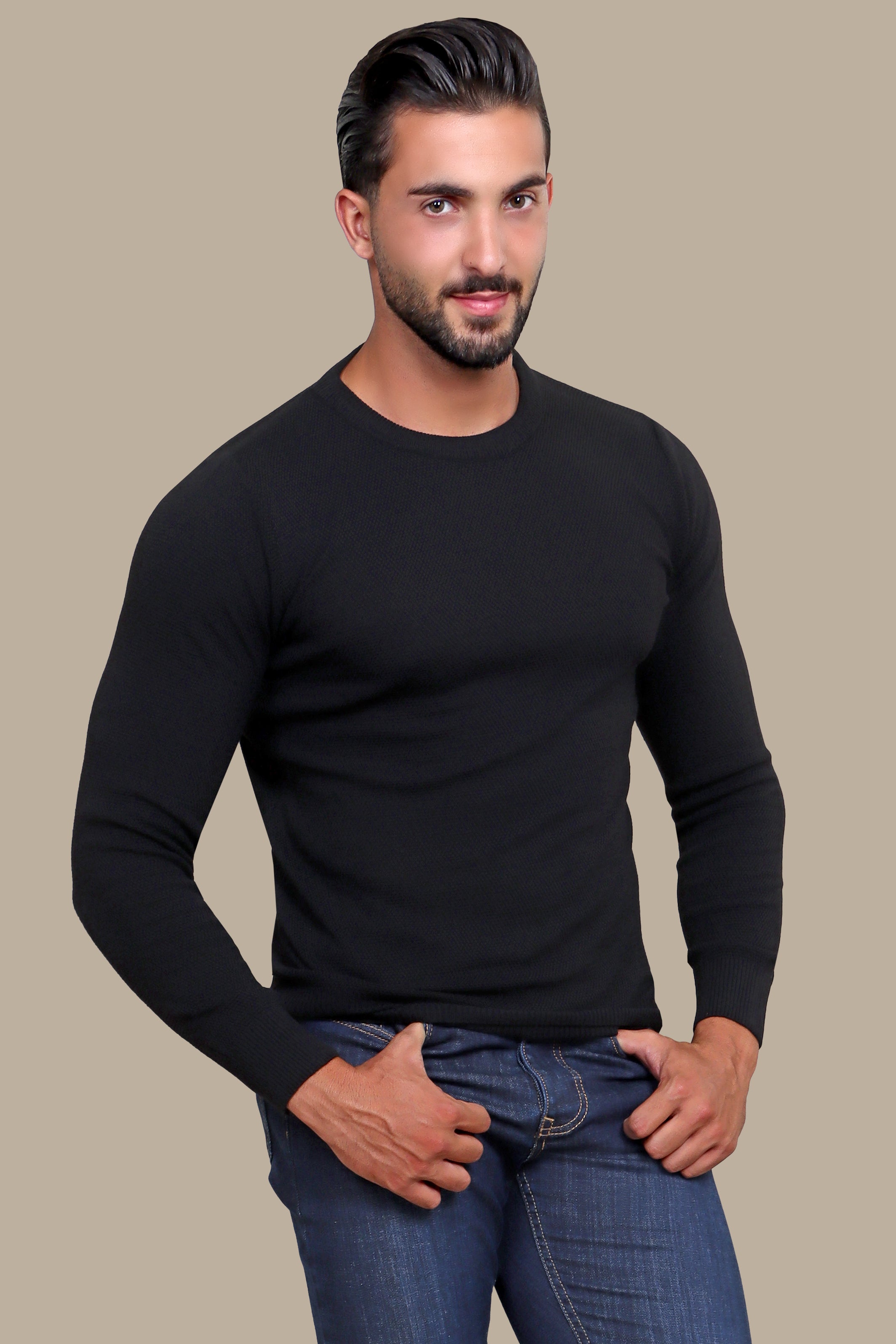 Black Round Neck Structured Sweater