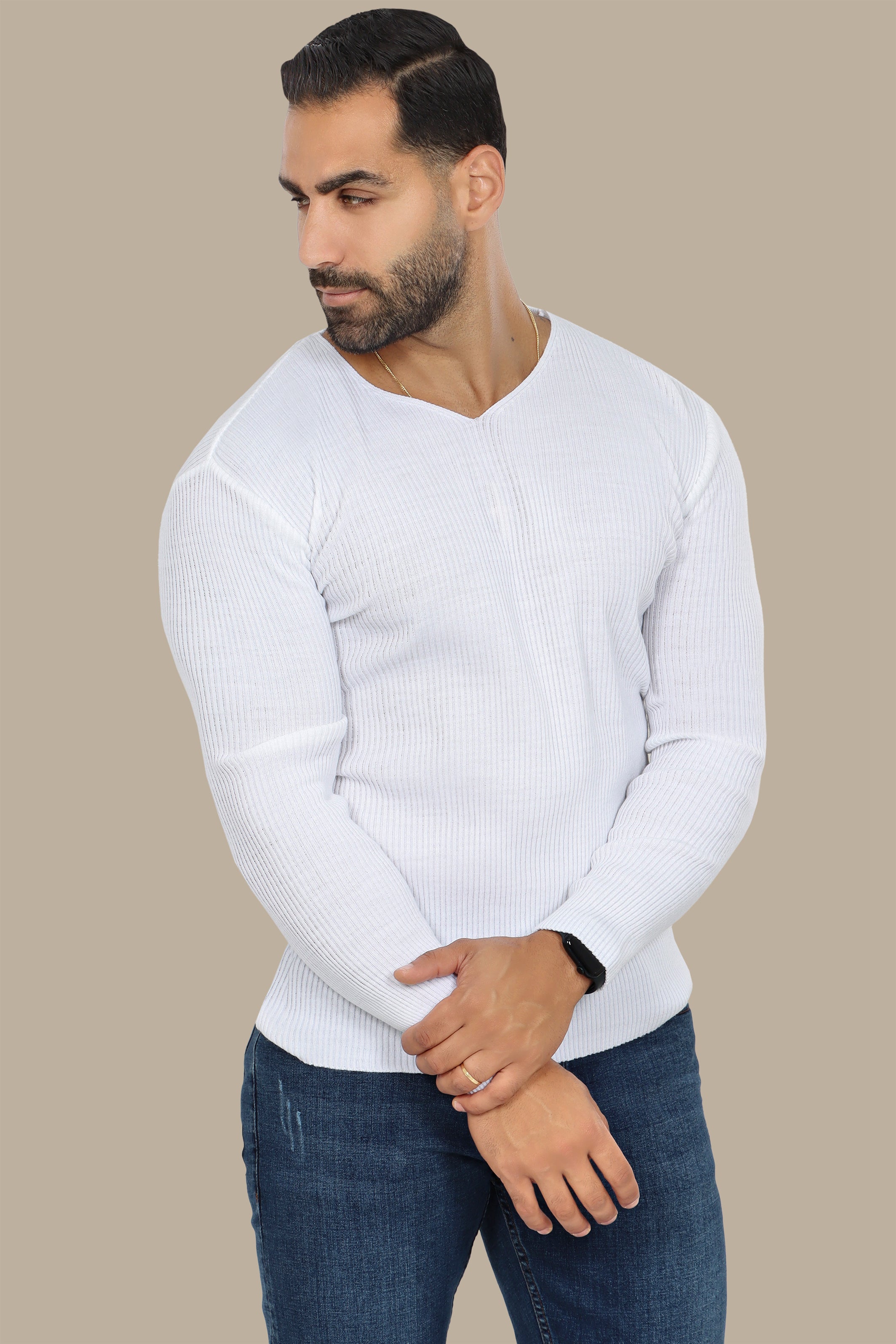 Classic Elegance: White Ribbed V-Neck Sweater