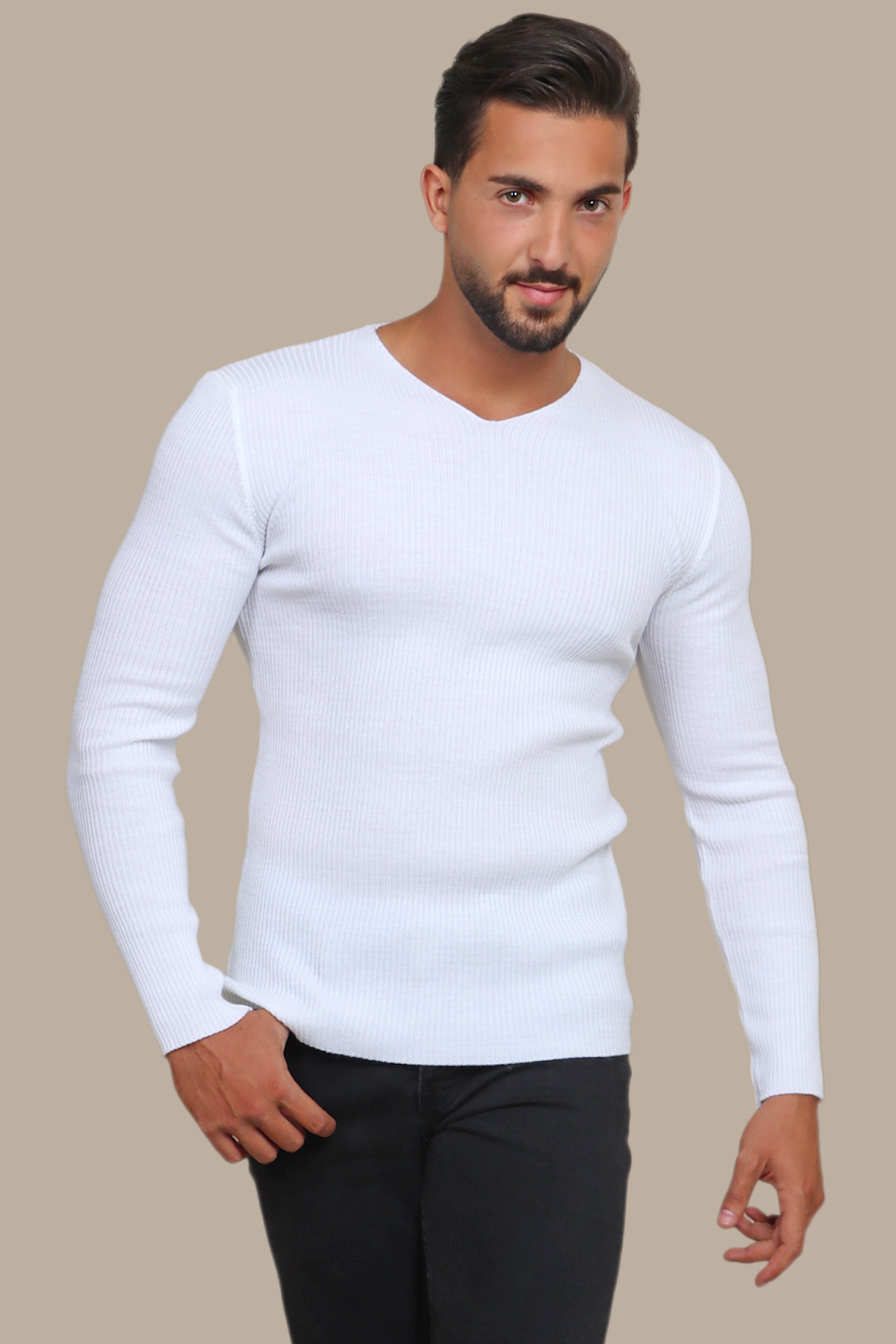 Classic White V-Neck Ribbed Sweater