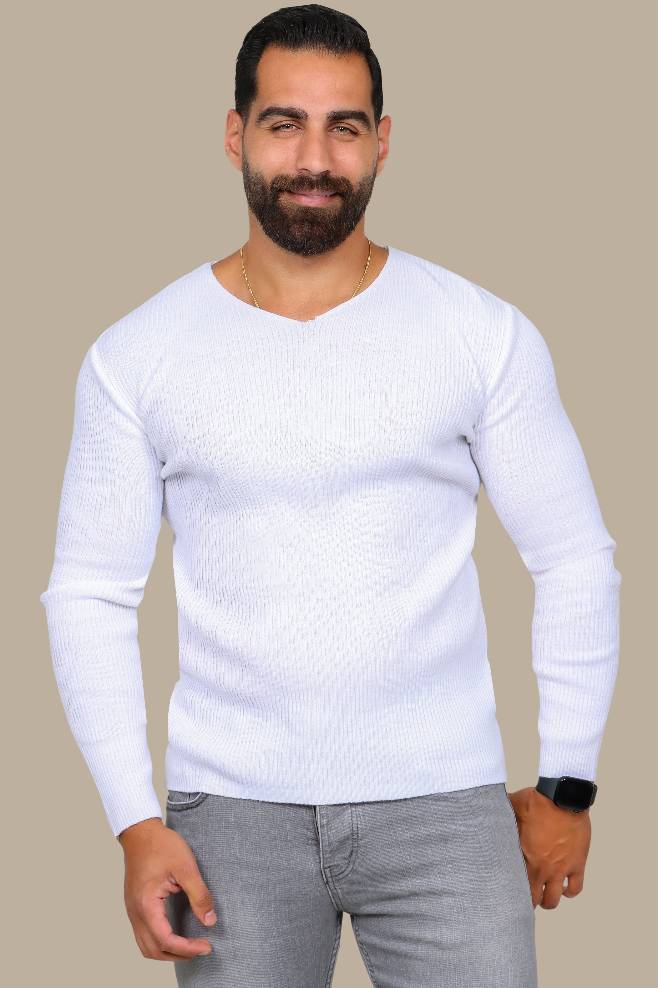 Classic Elegance: White Ribbed V-Neck Sweater