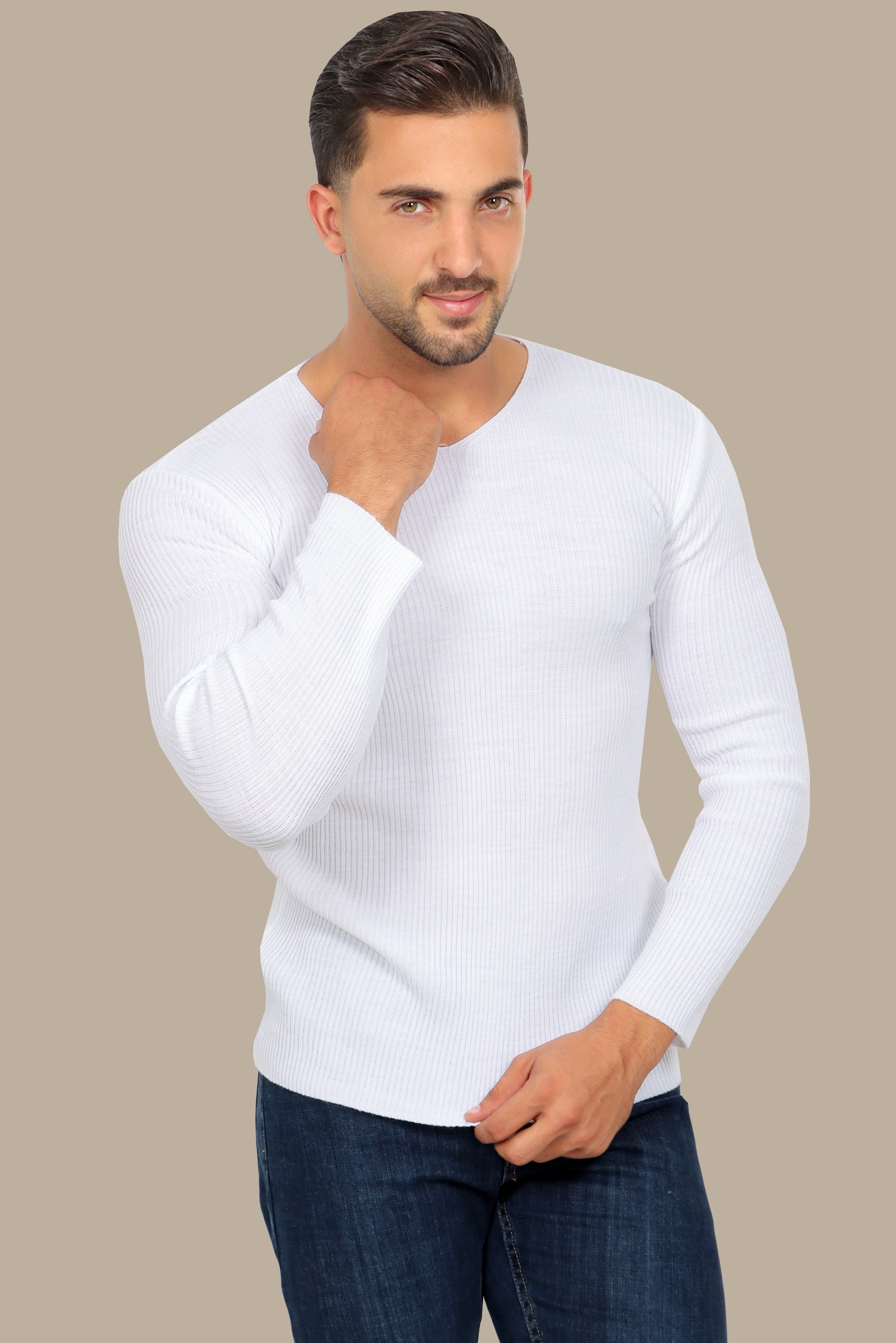 Classic Elegance: White Ribbed V-Neck Sweater