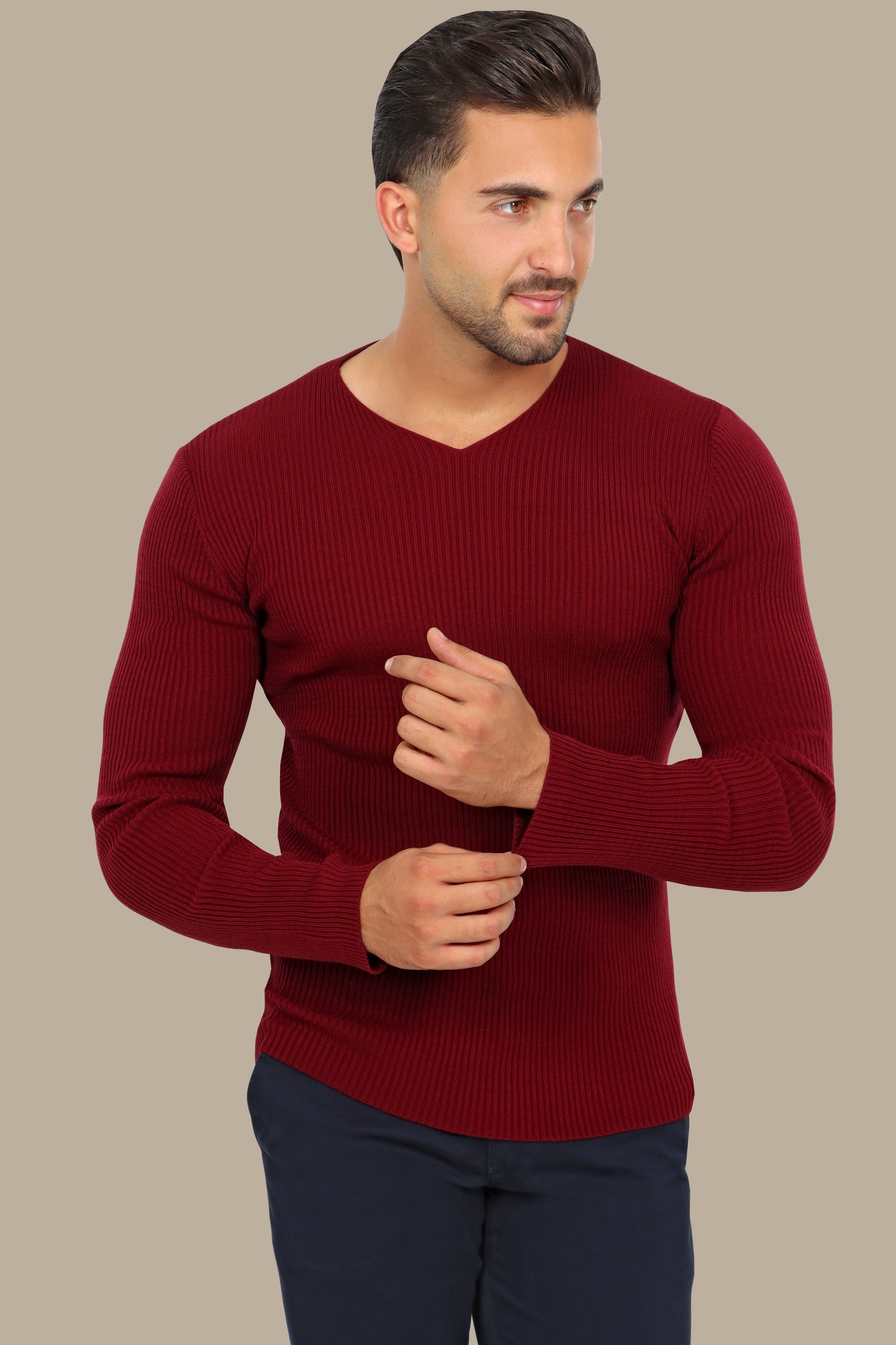 Classic Elegance: Bordeaux Ribbed V-Neck Sweater