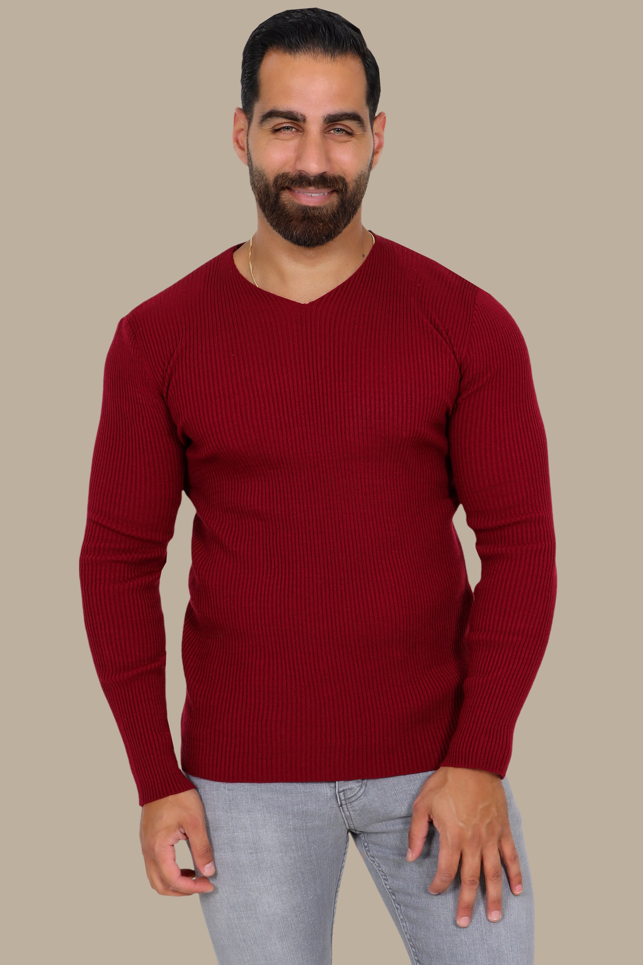 Classic Elegance: Bordeaux Ribbed V-Neck Sweater